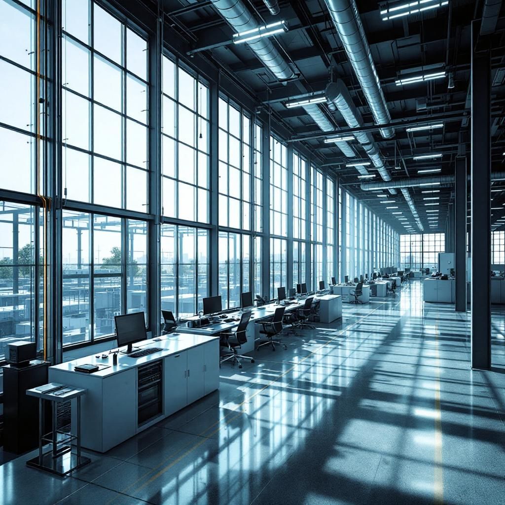 Mit inspirerende fotografi vil fokusere på den dokumentaristiske atmosfære af teknologi og innovation i dagligdagen, der illustrerer den globale bevægelse mod ambitiøse datacenter- og AI-løsninger. Billedet viser en moderne, højttænkende produktions- og forskningsfacilitet, hvor en stor glasvæg gennem hvilket skinner stærkt dagslys på en række avancerede, miljøvenlige solcellepaneler, der er integreret i bygningens arkitektur. I midten ses et område med åbne, industrielle hylder fyldt med fleksible, moderat anvendte IT-komponenter og energilager, mens skiveformede, små satellitmoduler er placeret på en tydelig måde, som symbolet på rummet og den grønne fremtid. Omgivet af funktionelle, neutrale arbejdsstationer og industrielle maskiner, er der en subtil, men tydelig, antydning af teknologisk skala og højteknologisk innovation uden at fokusere på mennesker – kun deres skygger og hænder, der arbejder i baggrunden for at understrege miljøets funktion som et holistisk, bæredygtigt økosystem for fremtidens datalø