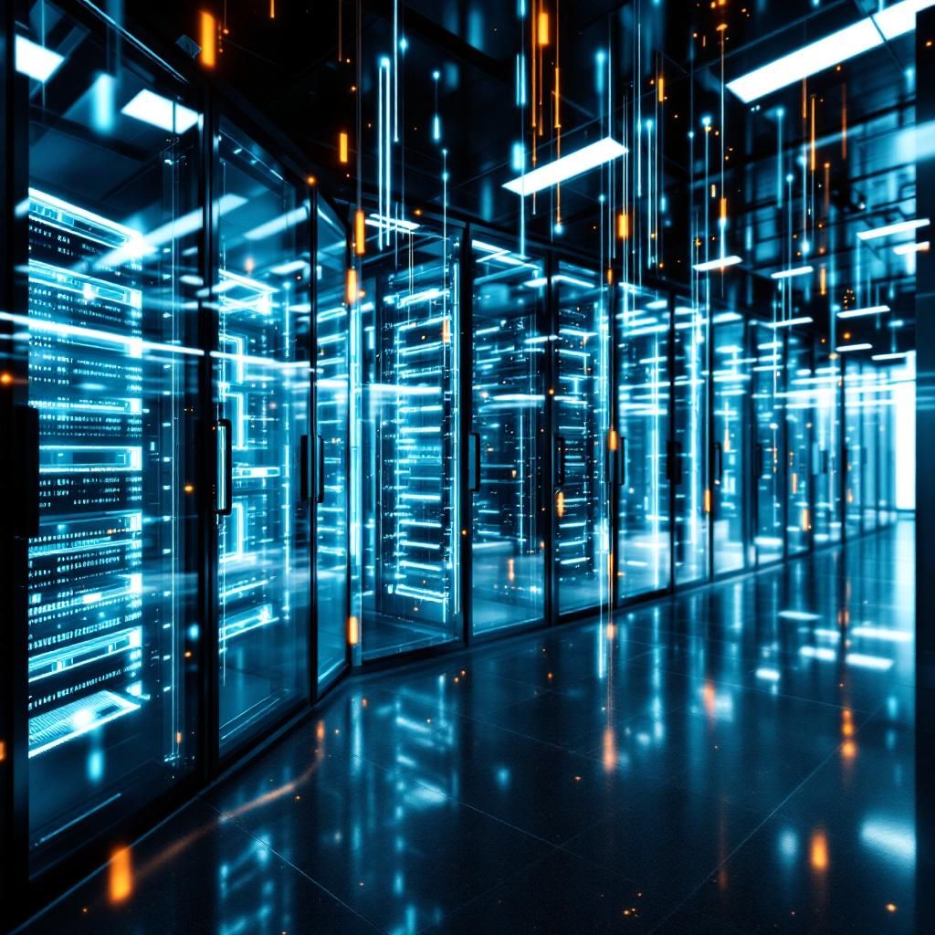 Forestil dig et præcist, dokumentaristisk billede af en moderne IT-infrastruktur i en stor, global virksomhed. I centrum står en minimalistisk, transparent serverrum med rene glasveje og sorte, elegante servere, der er isoleret under blødt, koldt lys, hvilket understreger både teknologiens kraft og diskretion. Over toppen af rummet svæver i baggrunden en stor, digital skærm, der visualiserer komplekse databevægelser: farverige datastreams flyder gennem kabler og under gulve, hvilket symboliserer de enorme datamængder, der behandles i realtid, herunder AI-parametre og brugerinformationer. Omgivelserne er uden mennesker, hvilket understreger den kolde effektivitet og sikkerhed i avanceret datainfrastruktur, og skabe en følelse af alvorlighed omkring datahåndtering, sikkerhed og compliance. Det naturlige lys fra oven kontrasterer med det bløde, blålige belysning fra serverne, hvilket giver en visuel dualitet – teknologiens kraft og den skjulte kontrol, der sikrer dataprivatliv. Dette billede fokuserer på den s