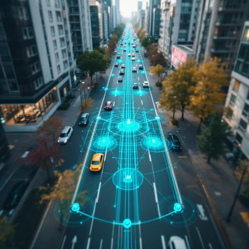 Det mest fængende og spændende billede, der visualiserer emnet i den midterste tredjedel af artiklen, kunne være en dokumentaristisk scene af en moderne, travl vej eller et bykryds set fra en drone eller et højt punkt, hvor realtid visualisering af AI-drevet navigation er overlejret i billedet. Forestil dig en realistisk, dagligdags street view-omgivelse, hvor farverige landemærker, parkeringspladser, og trafiksidelementer er markeret med subtile, digitale overlays, der illustrerer AI'ens intuitive vejledning baseret på Street View-data. Selve vejen og omgivelserne er traditionelle, men visualiseringen af AI'ens livlige, digitale