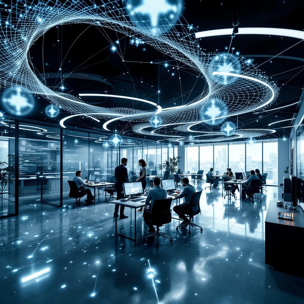 Forestil dig et dokumentarisk og realistisk foto uden menneskelige figurer, der symboliserer transformationen i den offentlige sektors teknologianvendelse. Billedet viser en abstrakt, futuristisk, men alligevel hverdagsnær skildring af et moderne kontorlokale med et dynamisk, digitalt præg: Interaktive skærme, visualiseringer af datanetværk, og semi-opaque lag af informationer, der svever i luften som et web af forbindelser. Øverst glider en stor, decentraliseret struktur i netværksform gennem rummet, illustrativt af forbindelser mellem forskellige informationskilder, der symboliserer transform-arkitekturens attention-mekanismer. I stedet for mennesker er fokuspunkter elementer som ikoner, datastreams og visuelle metaforer for, hvordan avanceret sprog- og databehandling påvirker og forbinder offentlige systemer. Lyset er blødt men koldt, med indslag af blå og grønne nuancer, der fremhæver modernitet og fortrolighed, mens skærme i baggrunden projicerer subtile, flydende grafer og diagrammer, der illustrerer a