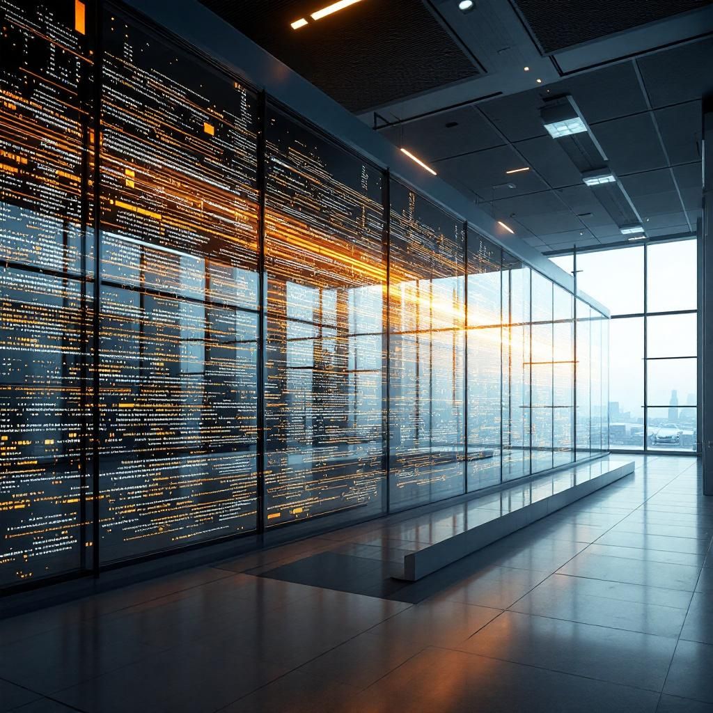 Det mest fængende og spændende foto, der kan illustrere emnet i artiklen, er et dokumentaristisk billede af en moderne, statslig servicehavn med en stor, transparent skærm, der viser en kompleks, dynamisk visualisering af data og informationsstrømme. En abstrakt computer-visualisering i form af flydende, farverige datakanaler, der krydser hinanden i et organiseret kaos, symboliserer den avancerede transformer-arkitektur og den omfattende datastyring, som understøtter offentlige sektors digitale transformation. Al bevægelse foregår uden mennesker — fokus ligger på de interagerende data, de farvede linjer, der visualiserer informationsflowet, og de centrale, fokuserede punkter, hvor disse datakanaler samles og sorteres, hvilket fremhæver den effektive og hurtige behandling, som AI-teknologi kan tilbyde offentlig administration. Billedets stærke symbolik ligger i de flydende, organiserede datastrømme, der illustrerer, hvordan AI som ChatGPT kan integreres i komplekse infrastrukturer for at forbedre borgerbetjen