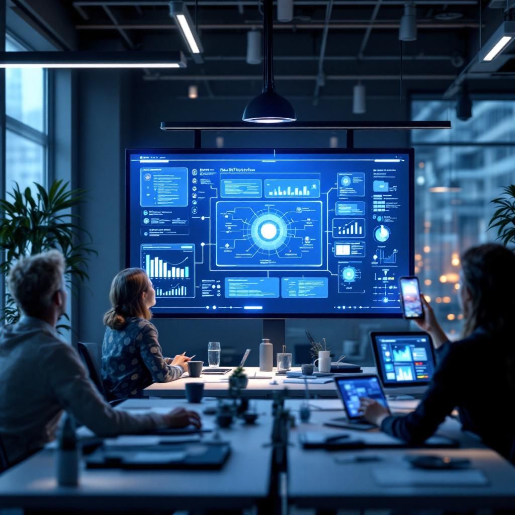 Billedet viser en ægte, dokumentaristisk situation i en moderne offentlig forvaltning, hvor en gruppe medarbejdere uden teknisk baggrund aktivt bruger en intuitiv, no-code AI-platform i deres daglige arbejde. I stedet for at fokusere på mennesker, er fokus på et stort, transparent monitor i et lyst kontorlandskab, der skærmer en kompleks brugerflade med træk-og-slip komponenter, diagrammer og workflows. Omkring det, ses elementer af et moderne, effektivt miljø med organiserede dokumenter, tablets eller smartphones, der viser, hvordan AI-teknologi integreres i den offentlige sektor for at automatisere og forbedre arbejdsgange — en ægte nutidsbaseret scene, der illustrerer teknologiets praktiske indflydelse på dagligdagen uden at konstruere en futuristisk eller sci-fi stemning .
