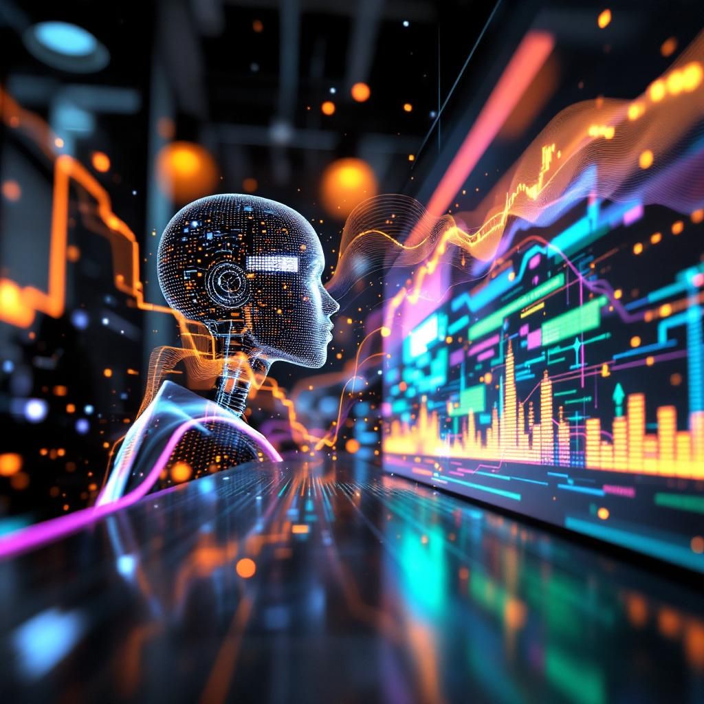 Bildet viser en moderne, nytidig produktionsmiljø indendørs, hvor abstrakte, dynamiske visualiseringer af data og teknologi fylder rummet. I forgrunden er en flad, transparent skærm eller projicering, der illustrerer vekslende data-strømme, som symboliserer AI- og videoproduktion i realtid. Disse bevæger sig i glidende, organiske kurver, med farvetoner i blå, grøn og violette nuancer, der repræsenterer den intelligente databehandling og kreative outputs. Uden mennesker er til stede, hvilket understreger fokus på den strukturelle og æstetiske kraft i teknologiens embedsmandsmodellering, hvor skalerbarhed, hastighed og kreativitet visualiseres som bølgende energistrømme, der strømmer gennem maskiner og systemer. Baggrunden præsenterer en sfærisk, futuristisk kontor- eller laboratoriemiljø, med tydelige elementer af moderne arkitektur, som store glas- og metalstrukturer, samt holografiske datavisualiseringer, der projiceres i luften. Enkelte lysflader eller laserlinjer krydser rummet i subtile, organisationeren