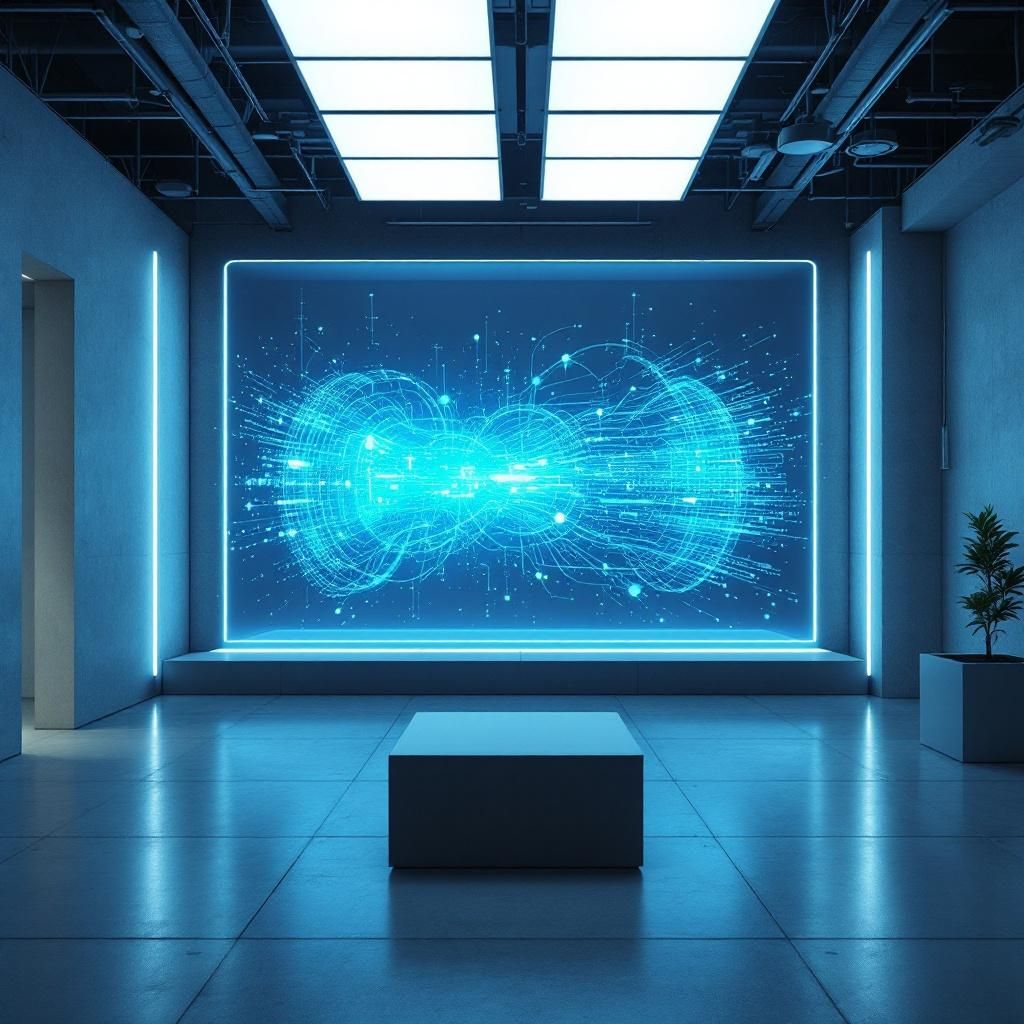 Et realistisk, dokumentaristisk billede, der visuelt repræsenterer den transformative effekt af AI-video, kan forestilles som et moderne videostudie med en minimalistisk, teknologisk æstetik. Pladsen er præget af ru, industrielle materialer og diskrete LED-lys, der skaber en blød, men futuristisk atmosfære. Midt i rummet står en stor, transparent skærm, der projicerer dynamiske, flydende visualiseringer af data og AI-genererede videosekvenser, som symboliserer den ubegrænsede kreative potentiale. Bagved ses en række rydte, tomme scenearrangementer, der antyder fleksibilitet og hurtig omstilling, hvilket understreger automatiserings- og skalabilitet-aspektet i den nye teknologi. Atmosfæren er præget af en rolig fokus, hvor den teknologiske innovation fremstår som en naturlig del af det moderne arbejds- og produktionsmiljø uden mennesker i fokus, men med en tydelig understregning af teknologien som drivkraft for forandring . I første plan fokuserer kameraet på en avanceret, minimalistisk prototype af en AI-gen