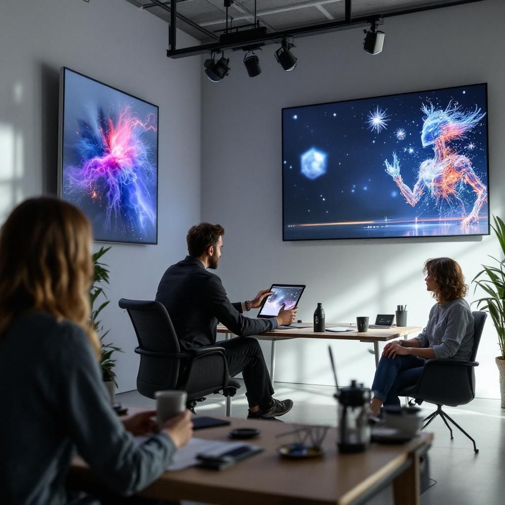 Forestil dig et realistisk, dokumentaristisk foto, der visualiserer den transformative effekt af AI-video i dagens samfund. Billedet viser en travl, moderne produktions- eller markedsføringsafdeling, hvor store skærme på væggene projicerer dynamiske 3D-animationer af videoindhold, der genereres automatisk. I midten er en enkelt medarbejder uden teknisk baggrund, der intuitivt bruger et tablet-agtigt værktøj til at klargøre et automatiseret videoprojekt, mens andre i rummet observerer og diskuterer, uden at personerne nødvendigvis er det centrale fokus. Rummets indretning er minimalistisk med subtile teknologiske elementer og blødt, diffust lys, der understreger den praktiske anvendelse af den nye teknologi i en hverdagssituation. Billedet fremstår som et snapshot af en fremtid, hvor AI-videoproduktion er en integreret del af almindelige arbejdsprocesser, uden overfortolkning, men med klare symboler for demokratiseringen af indholdsskabning og effektivitet i digital kommunikation.