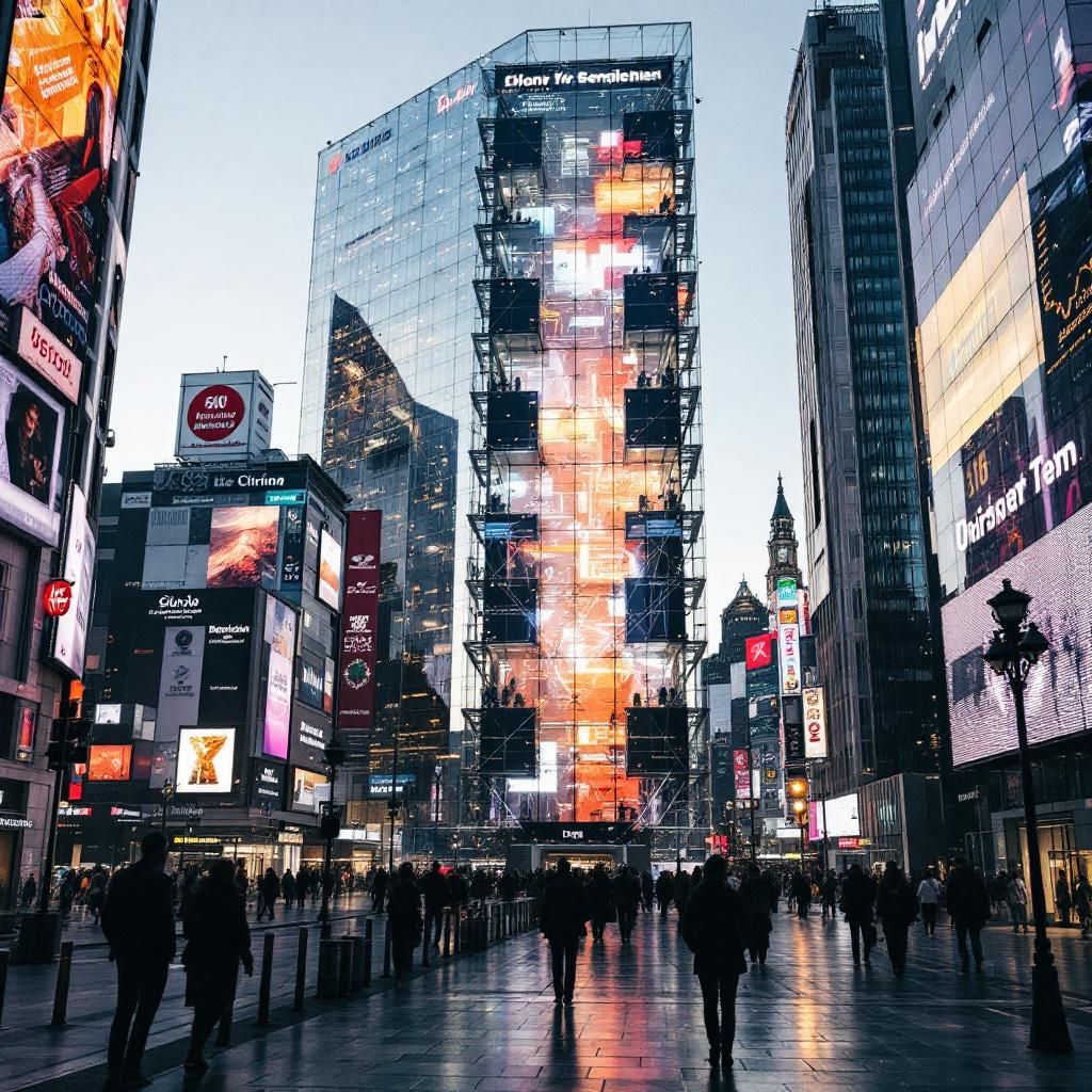 Mit udgangspunkt i artiklens fokus på kunstig intelligens og dens samfundsmæssige konsekvenser, kan et kraftfuldt og realistisk billede skabes i en moderne bymiljø, hvor teknologiens påvirkning er tydelig, men uden at bruge sci-fi-elementer eller mennesker i fokus. Forestil dig en stor, travl gade under skumring, hvor reflekser fra glaserede skyskrabere og reklameskilte danner en mosaik af farverige lys. Midt i billedet er en stor, transparent digital skærm monteret på en bygning, der viser komplekse data-visualiseringer — eksempler på AI-systemers indvirkning på samfundet — som abstrakte, geometriske former, netværkslinjer og statistikker. Omkring skærmen er byens liv: travle fodgængere, cyklister og elektriske køretøjer, der illustrerer en højteknologisk hverdag, uden direkte menneskelige interaktion med teknologien, men hvor teknologien er tydeligt integreret i miljøet — en symbolske repræsentation af AIs umiddelbare realitet i det daglige liv, samtidig med, at atmosfæren er præget af en dokumentaristisk