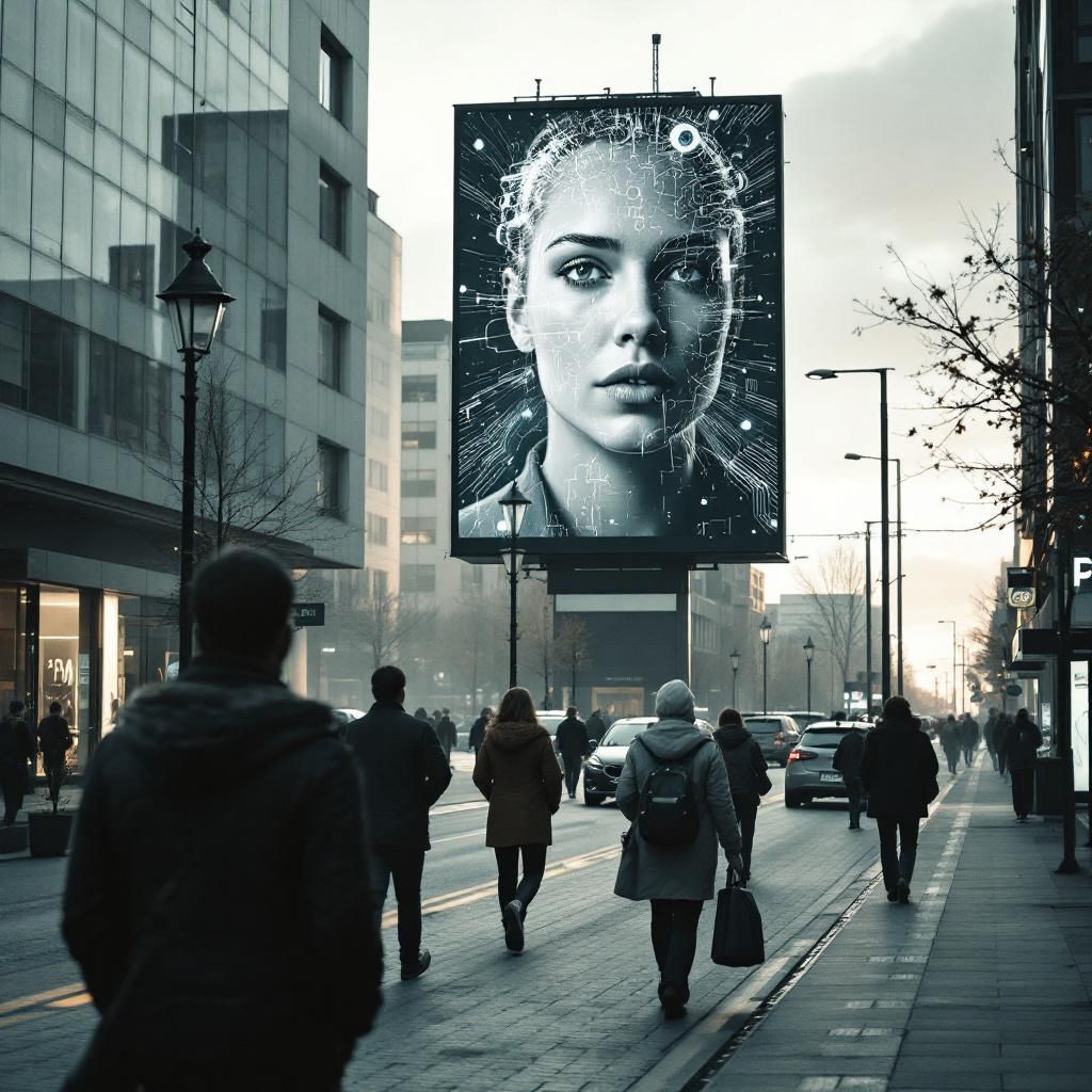 Forestil dig et fotografi taget i et moderne bymiljø, hvor en stor, oplyst reklamevæg projicerer visuelle repræsentationer af menneskelige stemmer og lydstrømme, der flyder gennem luften. I fokus er en gruppe storbyboere i gennemsnitlig gadebeklædning, der går forbi, uden at bære synlige teknologiske enheder, men hvor deres skygger på fortovet bliver manipuleret med abstrakte lydbølger, der symboliserer den usynlige strøm af AI-stemmer, der former vores hverdag. Det er en dokumentaristisk scene, hvor den konstante tilstedeværelse af lyd og data er visualiseret som glidende, foranderlige geometriske former i dæmpede toner, hvilket illustrerer den subtile men stærke påvirkning af AI i det offentlige rum. Lyset i scenen er blødt, men med indslag af skarpe, farverige glimt, der reflekterer de digitale signaler, der bevæger sig gennem byen – en metafor for den næsten usynlige, men altomfattende teknologiske tilstedeværelse, der påvirker tilliden i samfundet. Der er ingen mennesker i nærheden, kun en følelse af d