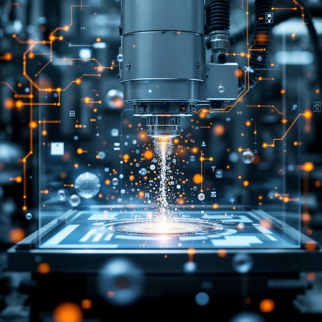 Dette billede vil være en nærbilledeoptagelse af en fødevareproduktion på et højteknologisk produktionsanlæg. I fokus står en gennemsigtig glaslinse eller en berøringsskærm, hvor en AI-baseret visualisering vises – farverige, abstrakte overlays, der illustrerer transformationer og tilstande af råvarer, eksempelvis et æble, der skifter form og tekstur gennem forskellige produktionsfaser. Røg eller damp kan stige op fra maskiner eller processer, hvilket symboliserer den omfattende databehandling og analyse. Atmosfæren er præget af skinnende metal, præcise linjer og bløde, organiserede LED-lys, der understreger avanceret teknologi, uden at det virker futuristisk, men steder en høj grad af industriel modernitet. Denne komposition fokuserer på at visualisere transformationer og data i realtid, uden at bruge menneskelige elementer, og understreger det analyserede systems præcision og integritet. Kompositionen benytter et lavt perspektiv og en diagonale linje i billedet, hvor fokus er på den transparente overflade,