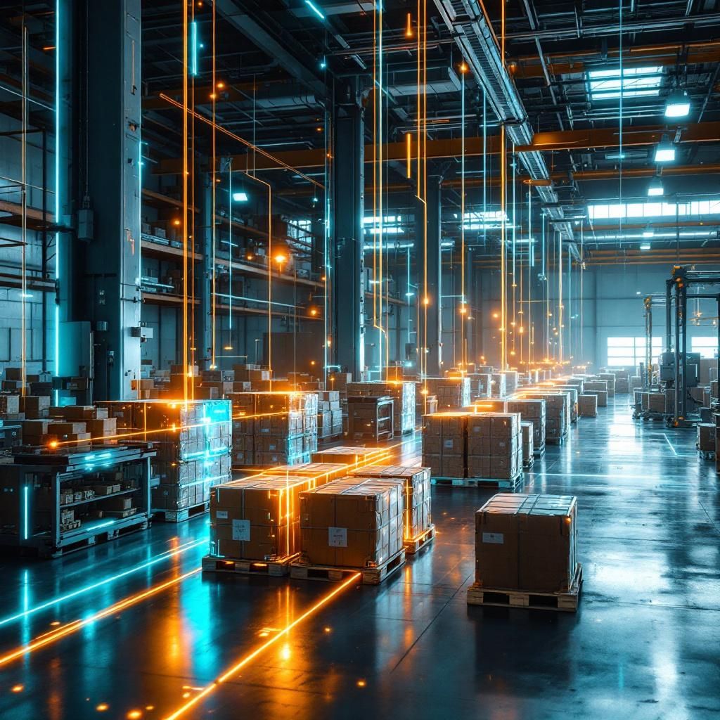 Det mest fængende og spændende foto, der afspejler artiklens kerne, skal have en dokumentaristisk og realistisk stil, men samtidig fange abstrakte elementer af transformation og dataflow i nutidens automatisering. Forestil dig et detaljeret natscene i en moderne produktions- eller lagerhal, hvor lysstrømme i blå, grøn og orange nuancer strømmer som semi-transparente linjer gennem rummet, illustrerende data- og objektflow i realtid. Disse lysstrømme vikler sig omkring varer, containere eller råmaterialer i bevægelse, uden menneskeforbindelse, hvilket understreger teknologiens skjulte kraft i processerne. Billedet skal fremstille en industriel, højteknologisk atmosfære med refleksioner i glatte overflader af stål og glas, hvor lysbølger visualiserer data og transformationer, der sker undervejs. Den roterende, kunstneriske belysning fremhæver objekternes skiftende former – råvarer, pakker eller produkter – som om de er i en konstant udvikling, betonet af subtile skift i lysintensitet og farvetone. Dette giver e