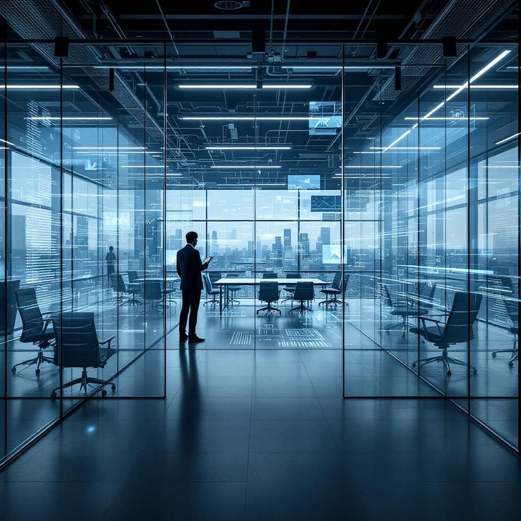 Forestil dig et realistisk, dokumentaristisk billede, hvor vi ser en moderne kontorbygning med store, rene glasfacader og en åben, teknologisk inspireret atmosfære. Midt i scene er et stort, transparent datasystem, illustreret gennem en kompleks, tredimensionel visualisering af datamønstre, grafikker og probabilistiske modeller, der flyder i luftige, skiftende lag. De dynamiske former og farveskiftende linjer symboliserer sandsynligheder og statistiske beregninger, der danner grundlaget for machine learning, mens miljøet omkring signalerer ansvarlighed og gennemsigtighed — fx med et mødelokale, hvor data-indsamling og analyse foregår i praksis uden mennesker med computere i fokus. Billedet skaber en abstrakt, men samtidigt aktuel skildring af, hvordan statistik og data styrer moderne AI-udvikling med en tydelig realisme og ansvarlighed.