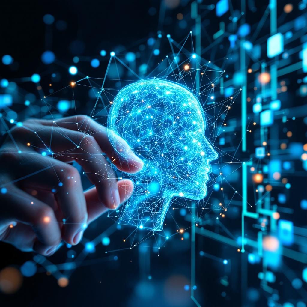 Forestil dig et billede, hvor den abstrakte kraft af kunstig intelligens visualiseres gennem en digital, menædagogisk fortælling i et moderne miljø. Central i billedet er et stort, transparent, holografisk netværk, der spinder ud fra en enkelt, subtilt oplyst kerne, hvilket symboliserer den kontrollerbare og specialiserede AI, som Microsoft arbejder på. Denne netværksstruktur er fyldt med geometriske figurer og symbolske datamønstre, der flyder og sammenfletter leder, hvilket illustrerer både kompleksiteten og den strukturerede kontrol, der ligger i den menneskecentriske udvikling. Rummet er holdt i dæmpede, naturlige farvetoner med subtil belysning, der understreger netværkets glidende, transparente struktur. Baggrunden viser en futuristisk, men alligevel genkendelig bylandskab med bløde, organiske former formet af dataflydende kabler og sensoriske netværk, der integreres i det urbane miljø. Dette billede fanger den potentielle fremtid, hvor AI er en integreret, ansvarligt styret del af samfundet, uden at v