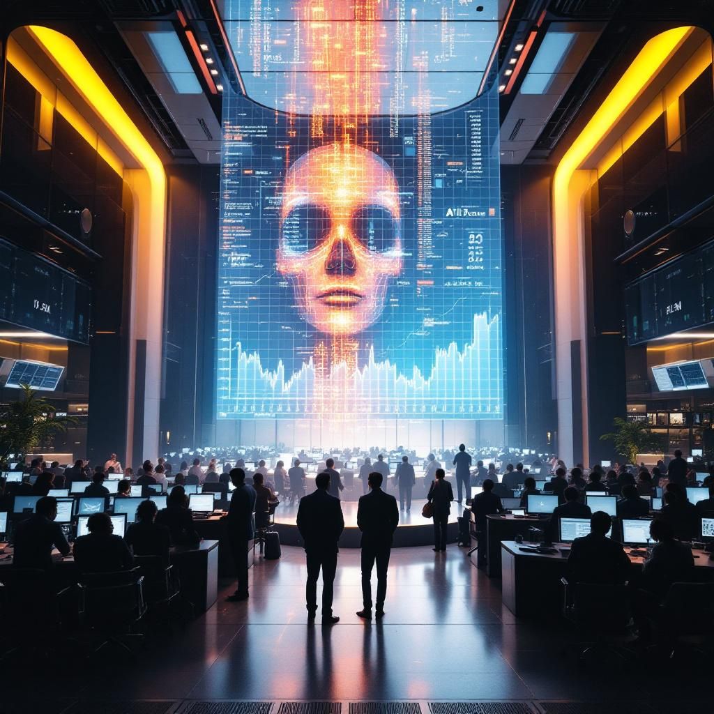 Det mest fængende og spændende foto, der kan visualisere artiklens emne om AI-aktiernes fald og den usikre fremtid, er et realistisk billede af en stor, moderne finansiel handelsplads. Forestil dig en bred udsigt over et futuristisk, men stadig dokumentaristisk miljø fyldt med digitale skærme og live data-strømme, der viser faldende aktiekurser, især i tech- og AI-segmentet. I midten er en stor skærm med en graf, der tydeligt viser det dramatiske fald, mens baggrunden er en hektisk, men realistisk scene med handlende i aktivitetsfulde bevægelser, uden explicit fokus på personer, men mere på det digitale landskab — lysende diagrammer, finansielle data, og vægtængende grafik, der understreger markedets usikkerhed. Dette billede vil fange den akutte situation, hvor teknologi og finans mødes; det abstrakte element af digitale data skal fremhæves med vildt vibrerende farver og dynamiske lysresultater, hvilket understreger den ustabile stemning i markedet uden at være clichet eller sci-fi-agtigt, men stadig realis