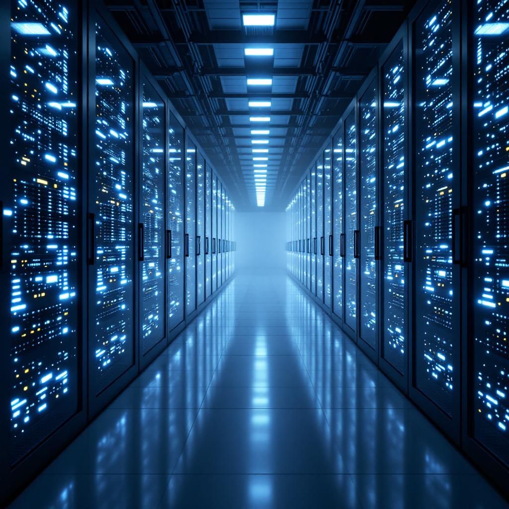 Det mest fængende og spændende foto, der bygger på de abstrakte repræsentationer og er relevant for artiklens kerne, kan forestilles som et realistisk miljø, hvor avanceret teknologi og dataflusser er i fokus uden menneskelige figurer. Tænk dig et stort, industrielt datacenter, hvor enorme, transparente kabler med blinkende LED-lys strømmer som levende energistrømme gennem det organiserede chaos af server- og netværksudstyr. Indenfor rummet reflekteres en futuristisk, men realitets-centreret stemning, hvor den visuelle abstraktion af data når sin højeste form gennem lave, glødeffektede lysfelter, der illustrerer flydende informationsstrømme, der strømmer i realtid. Overalt er der en rolig, kontrolleret atmosfære, der symboliserer både kraften og skepsissen omkring AIs aktuelle situation på markedet. De dynamiske, abstrakte visualiseringer af datastorme, strømme af digital information og energikvaliteter sammensmeltet i en realistisk men kunstnerisk komposition, afspejler den kaotiske, men kontrollerede tils