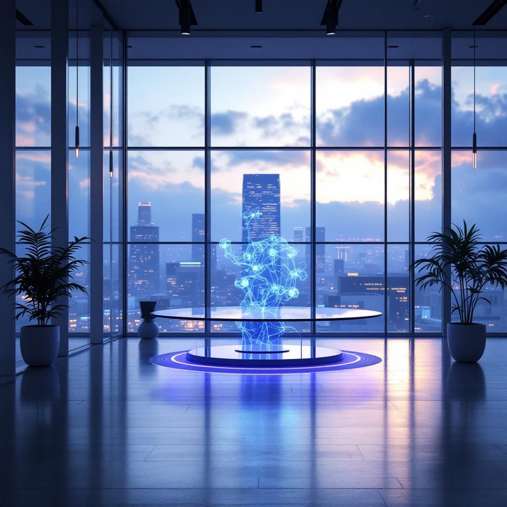 Forestil dig et øjebliks ro i en moderne, funktionelt designet kontorbygning, hvor et stort vinduesparti åbner ud til en travl, urban bylandskab. Midt i scenen står en glasdisk, der omkranser en skulpturel, minimalistisk AI-server, der har et strømlinet design med bløde, organiske kurver og subtil belysning, der skifter farve i takt med atmosfæren omkring den. Rummet er uden mennesker, men omgivelserne emmer af aktivitet og teknologi – kabler, skærme, og intuitive systemer, der symboliserer en effektiv integration mellem hardware og software. Dette billede fanger den ro, hvor intelligent automatisering og moderne datahåndtering sker i baggrunden for samfundets komplekse strukturer, uden at skygge for den menneskelige indsats. I baggrunden kan man se store, automatiserede serverfarmer, der er dækket af dæmpet, blåt LED-lys, og et layout der antyder større skalerbarhed og effektivitet. Atmosfæren er præget af en høj, ren æstetik, hvor subtil men kraftfuld teknologi skaber en følelse af tillid og sikkerhed – en
