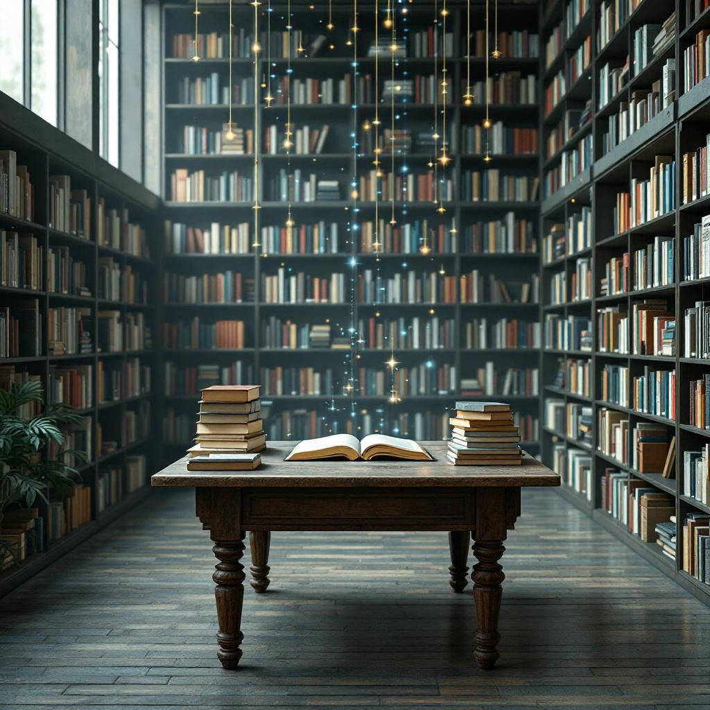 Forestil dig et billede, der fanger den daglige kamp for at bevare ægte viden i en digital verden præget af kompleksitet og pres. Et fotografi af en moderne bibliotekshal, hvor støvede bøger ligger ved siden af skærme, der viser datastreams og kodelinjer, symbolisererovergangen fra tradition til teknologi. I midten står en stor, rustik skrivebordsglad med en åben bog og en tablet, hvorpå der er vist en intersecting graf over bots aktivitet mod Wikipedia. Omkring denne centrale figur, uden at inkludere mennesker direkte, er symboliske elementer: netværkslinjer, der forbinder digitale kilder, og en skulpturel installation i baggrunden, der forestiller et netværk af kildehenvisninger, der knokler for at beskytte troværdigheden. Farverne er jordnære, med dæmpet belysning, der understreger seriøsiteten i kampen for ansvarlig viden. Dette billede illustrerer en hverdagssituation, hvor teknologi og menneskeliges forsøg på at bevare kvaliteten i informationsstrømmen mødes i en balance mellem traditionelt og digitalt.