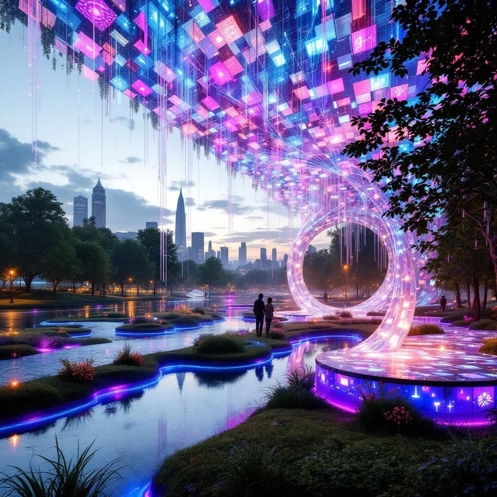 Forestil dig et nærbillede af en moderne, urban park i skumringen, hvor et kunstigt vandfald med holografiske data-strømme strømmer ned over en skræddersyet, miljøvenlig installationsstruktur. Over vandfaldet svever en stor, transparent skærm, der viser dynamiske, abstrakte visualiseringer af dataflydninger og netværksstrukturer i et komplekst, intelligent økosystem — en harmonisk blanding af natur og avanceret teknologi. I baggrunden er byens skyline dæmpet oplyst, mens bløde lysrefleksioner fra fontænen skaber en sammenhængende, sanselig oplevelse, der illustrerer samspillet mellem menneskelig innovation og miljøhensyn. Dette foto fremhæver, hvordan moderne teknologi integreres i offentlige rum for at illustrere ansvarlig datahåndtering og bæredygtigt samarbejde. Det er dokumentaristisk i sin ægthed med fundne elementer af natur, og de flydende datarepræsentationer udviser en sofistikeret visuel fortælling om, hvordan digitale systemer bliver del af vores daglige, bæredygtige miljø. Det symboliserer både d