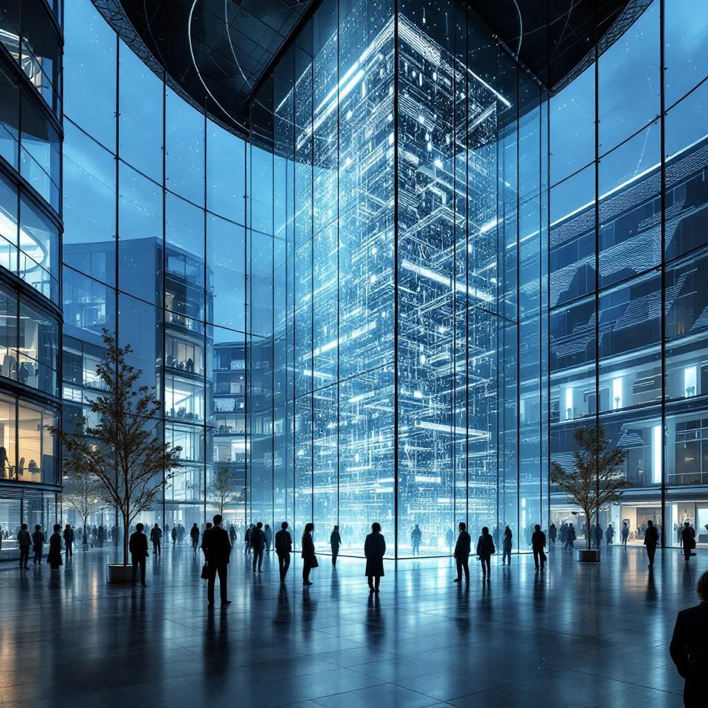 Forestil dig et realitetstro billede taget i en nyetableret, moderne forskning- og datainfrastruktur i en storby, hvor en stor, gennemsigtig glasmontage, der symboliserer dataens flow og åbne kilder, dominerer billedet. Inde i glasstrukturen kan man skimte komplekse netværk af lyse, flydende kabler og LED-lys, der repræsenterer de store datamængder, der udveksles i realtid, inspireret af WIkipedias respons på AI-scraping. Omkring strukturen ses folk i minimalistiske, funktionelle uniformer, der symboliserer forskere, udviklere og redaktører, alle i en harmonisk, samarbejdende proces uden syn på enkelpersoner, hvilket understreger teknologiens integrerede og kollektivistiske natur i håndteringen af viden. Bagved er en stor digital skærm uden mennesker, der viser dynamiske grafer, diagrammer og kildehenvisninger i en realistisk, men alligevel abstrakt visualisering af dataflowet og AI’s forsøg på at balancere viden og ansvar. Farvekombinationer af blå, grøn og gul skaber en rolig men alligevel energifyldt ste