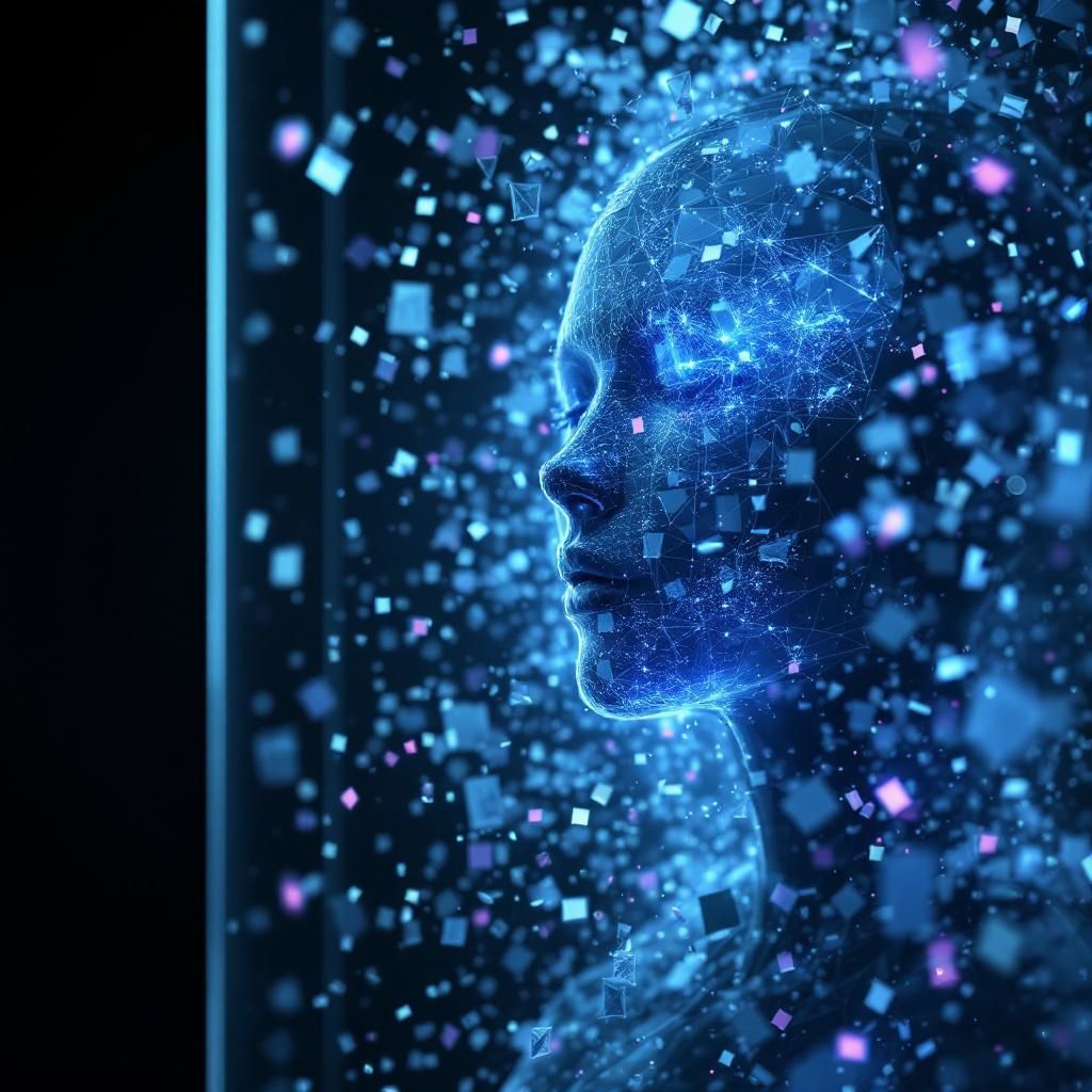 Jeg vil skabe et dokumentaristisk, realistisk billede, der visuelt repræsenterer den abstrakte og komplekse kerne af personlig AI og digitalt ejerskab, som Uare.ai arbejder med. Forestil dig et nærbillede af en stor, moderne, transparent glasoverflade, der symboliserer datastrøm og personligt ejerskab. Overfladen er fragmenteret i små, uregelmæssige stykker, hvor nogle dele reflekterer og forvrænger lys, hvilket illustrerer det individuelle input og det unikke datasæt, som udgør AI-modellen. På baggrund er der en rolig, mørk kontor- eller laboratoriekontekst, med subtile, bløde lysstriber, der symboliserer det usynlige netværk af data, der flyder og forbindes. Billedet formidler en følelse af kompleksitet og personlighed i teknologien uden at fokusere på personer, men snarere på materialer, former og lys, der visualiserer tanken om en diger, delvis usynlig informationsstrøm. Farvepaletten er dæmpet men elegant, med fokus på fine gråtoner, blålige nuancer og nogle varme glødende LED-effekter, hvilket understr