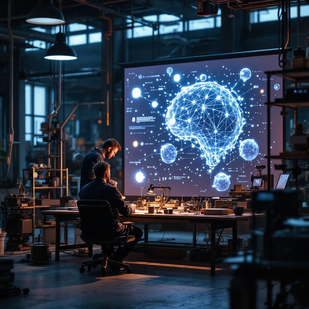 Jeg forestiller mig et dokumentaristisk og realistisk foto, der fanger det komplekse samspil mellem avanceret, personlig AI-teknologi og dens anvendelse i dagens erhvervsliv. Billedet viser en moderne, industriel arbejdsplads, hvor en stor, gennemsigtig skærmprojektor i baggrunden illustrerer en dynamisk visualisering af data og AIs struktur, inspireret af de abstrakte repræsentationer af teknologi og dataflow, som bruges i AI-udviklingen. I forgrunden ses et analoge miljø med fokus på produkter og arbejdsgange — måske en håndfuld konkrete, mekaniske elementer som værktøj, prototyper eller prototypepaneler — der understreger, hvordan AI er integreret i praktiske, daglige og håndgribelige processer. Mennesker er minimalt til stede, hvilket understreger, at vi målretter os mod en real-world anvendelse og ikke et futuristisk sci-fi univers, men et nutidigt, håndgribeligt miljø, hvor teknologi virkelig forbedrer og effektiviserer arbejdsprocesser. Billedet symboliserer den konkrete påvirkning af AI