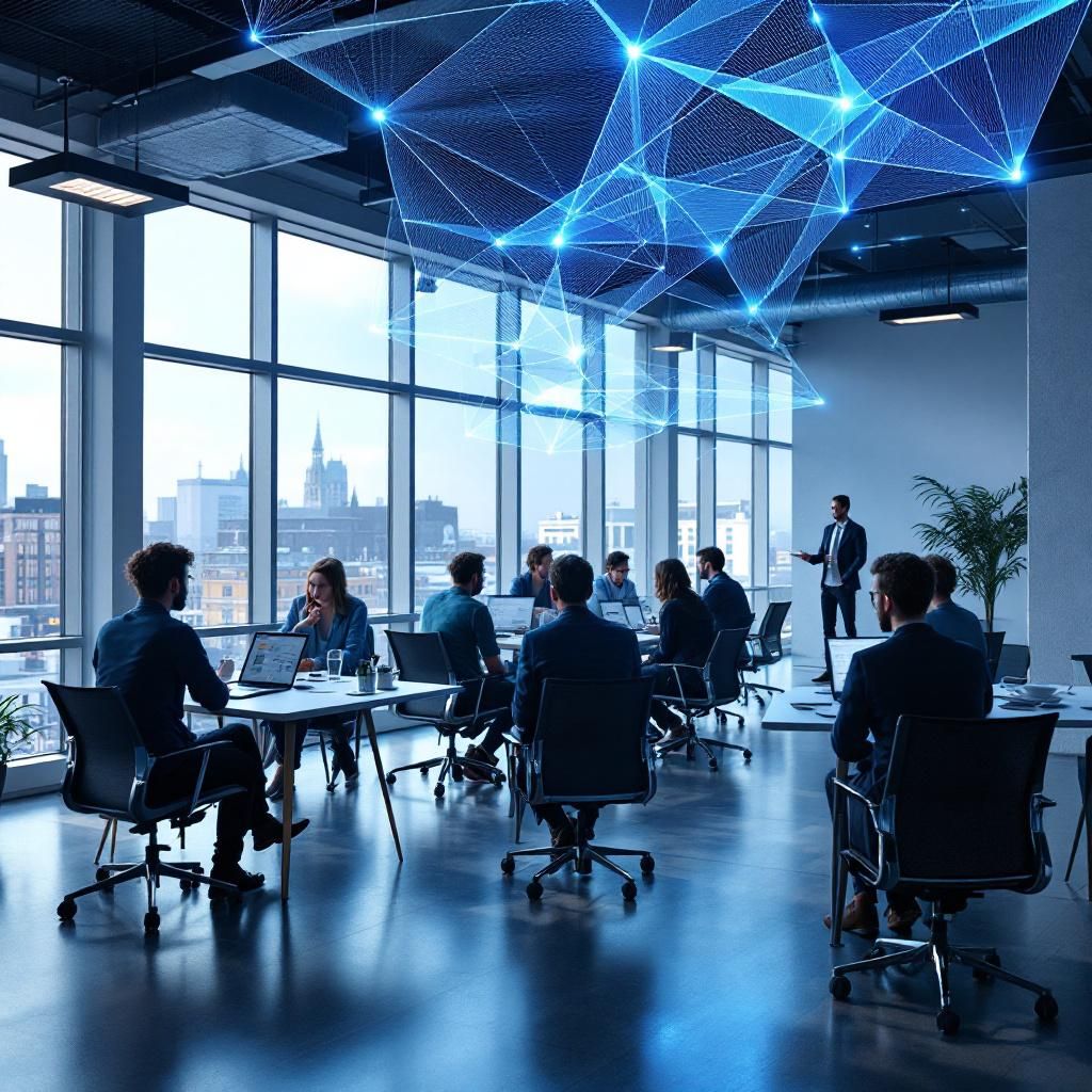 Billedet viser et nydeligt, realistisk og spontant hverdagsmiljø i en dansk innovationsby, hvor en gruppe dedikerede fagfolk har sat sig i en moderne, åbent kontorlandskab. I centrum står en holografisk struktur, der abstraherer menneskelige ressourcer og ekspertise gennem en kompleks samling af flydende linjer, geometriske former og pulserende LED-lys, der symboliserer datadelen og den mentale proces. Rummet er oplyst med blødt, naturligt lys, der trænger ind gennem store vinduer, mens subtile refleksioner og skygger fremhæver teknologiens bløde, organiske former, hvilket underbygger den realistiske, dokumentaristiske stemning. Omkring den holografiske struktur ses små, anonyme ikoner for viden og information, der flyder uafhængigt i rummet, uden direkte menneskeligt nærvær, hvilket understreger den centrale ide om personlig AI som en integreret, men menneskeløs del af arbejds- og vidensmiljøet. Perspektivet er fokuseret på denne abstraherede teknologiske figur, hvilket skaber en stærk visuel symbolik for t