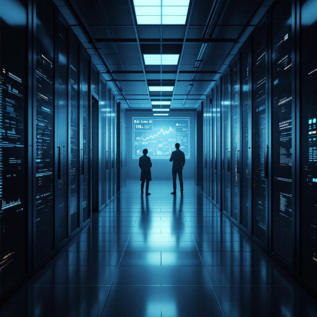 Forestil dig et dokumentarisk, realistisk billede, der visualiserer den komplekse proces af skalering i GenAI-systemer. Det kan være et bredt, optisk skud taget i en moderne datacenter- eller laboratoriemiljø, hvor enorme serverrækker med avancerede processorer og netværksudstyr er tydeligt synlige, men uden at fokusere på enkeltpersoner. Oppe i middelhøjde kan en stor, dynamisk skærm eller projektor vise grafer, datadiagrammer og realtidsvisualiseringer af AI-aktiviteter, som symboliserer skalering, databehandling og dataintegration på tværs af systemer, hvilket illustrerer en konstant vækst og kompleksitet uden at virke overvurderet eller futuristisk. Det er vigtigt, at billedet er præcist, uden overdrivelse, og formidler den dramatiske vækst og de tekniske udfordringer ved skaleringsproblemer i AI-arkitekturer. Billedet skal understøtte den dokumentariske fortælling om real-world miljøer og teknologisk infrastruktur, hvor data flyder og vokser i takt med virksomhedernes behov, hvilket afspejler, hvor cent