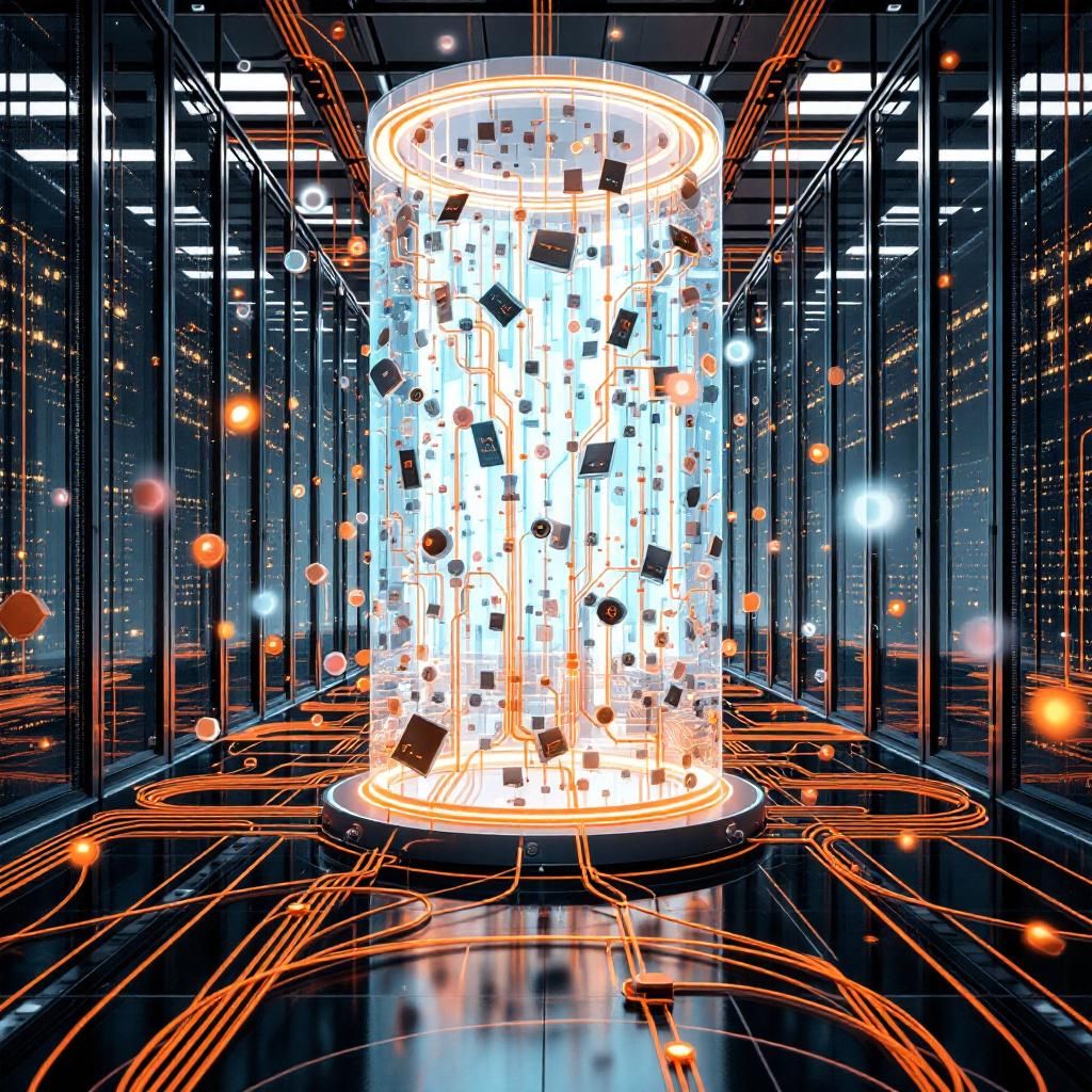 Forestil dig et realistisk, dokumentaristisk foto taget fra en moderne, produktionsbaseret industri- eller forskningsfacilitet, hvor store, isolerede datasarkiv- og serverrum dominerer rummet. I forgrunden er en stor, transparent beholder fyldt med uendelige lag af digitale data i form af flydende, lysskyer, som symboliserer store datasæt, der flyder kontinuerligt og deformeres let, hvilket visualiserer det usynlige fundament, der understøtter sproglige AI-modeller. Omkring beholderen svejser snesevis af kabler og datakabler, der illustrerer den omfattende forbindelse mellem de fysiske datastrukturer og det virtuelle datamatrix, der er hjertet af moderne sprogmodeller. Lyset fra LED-lamper og dataskærme kaster en blålig glød, der understreger dataenes betydning som en kraftfuld, men usynlig ressource. I baggrunden kan man se en stor, moderne datacenter-agtig struktur med vægge dækket af monitordisplays, der viser koder, grafikker og realtidsvisninger af datastrømme — en konkret visualisering af, hvordan data