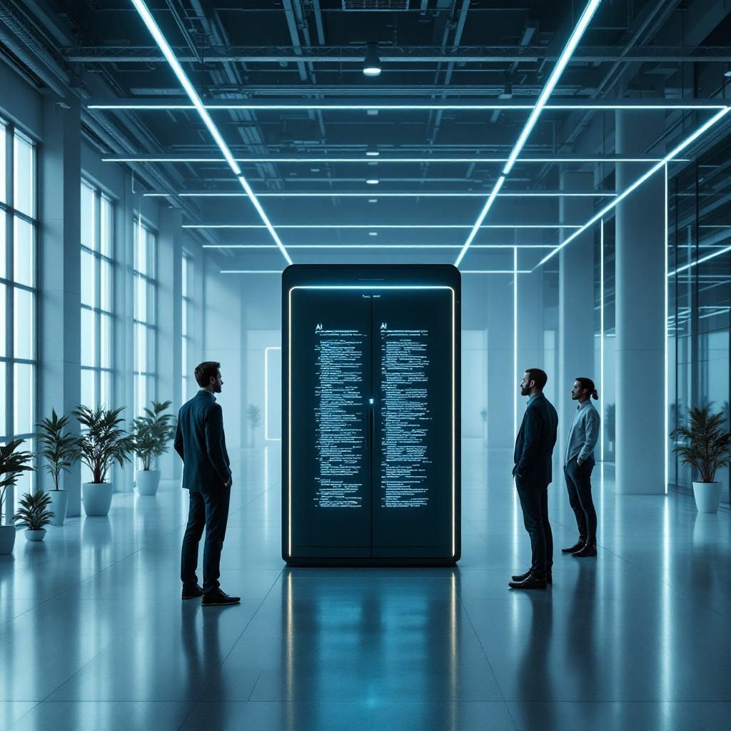 Forestil dig et realistisk og dokumentarisk fotografi taget i en moderne industrilokale, hvor en minimalistisk, sort AI-supercomputer står centralt, omgivet af en gruppe forskere og ingeniører. Den strømlinede, elegante enhed har bløde kurver og diskrete LED-linjer, der skifter farve i takt med teknologiens aktivitet, og reflekterer den komplekse data, den håndterer, i lyset. Rummet er præget af en subtil, industrielt præget stemning, hvor fokus er på de raffinerede detaljer i maskinen, og hvor de enkelte personer er små elementer i et større virtuelt økosystem, der illustrerer AI’s rolle i nutidens produktudvikling. Bagved er en stor LED-skærm, der visualiserer et netværk af AI-modeller, dataflows og grafiske analyser, hvilket symboliserer den ustoppelige udvikling og potentiale for hurtige produktcyklusser. Den varme, naturlige belysning i rummet kontrasterer de skarpe, virtuelle visualiseringer, hvilket skaber en dybde af dokumentarisk ægthed og teknologisk kraft. Dette billede fokuserer på AI som et fy