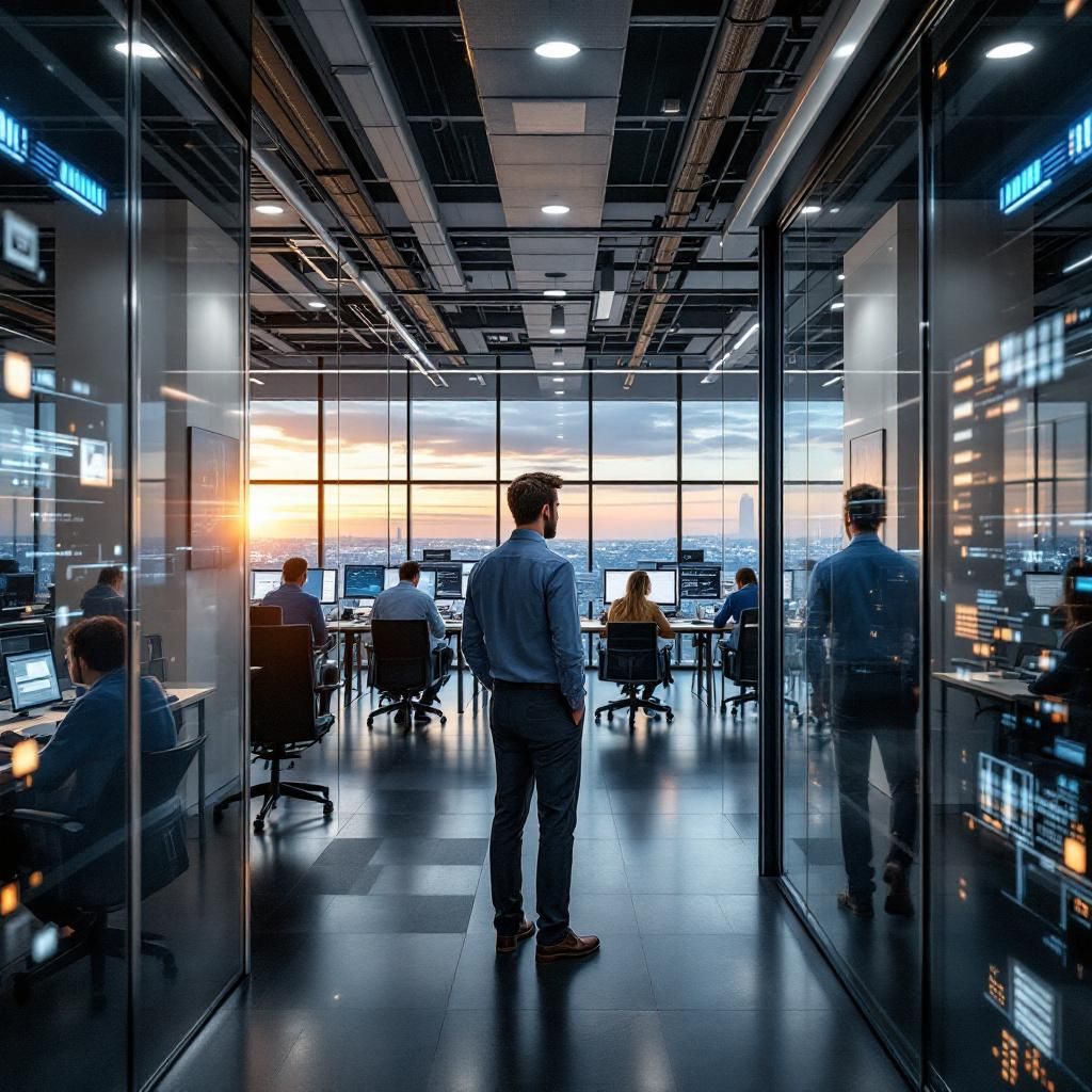 Dette fotografi skal fange en dokumentaristisk og realistisk stemning af den transformative effekt, AI-innovation har i de moderne erhvervs- og teknologimiljøer. Forestil dig et omfattende, men subtilt billede af en daglig dagligdag i et højteknologisk miljø, hvor AI er dybt integreret i virksomhedsprocesser uden at være synligt for det blotte øje. Perspektivet kan være gennem et vindue, hvor man i forgrunden kan se en række kontordomiciler med mennesker, der arbejder, men fokus ligger på det, der omgiver dem: avancerede serverrum, kabler, datakabelstrømme, lysende digitale skærme, der viser realtidsdata – alt sammen for at illustrere en verden, der er drevet af AI, men er en del af hverdagen. Det bør også inkludere subtile visuelle elementer af datalfows og kunstig intelligens' indflydelse: en medarbejder, der gennem et stort vindue kigger ud mod en by med lys, der symboliserer netværk af datatransmission, eller en digital skærm, der projicerer virtuelle data som en abstrakt, men tydelig repræsentation af 