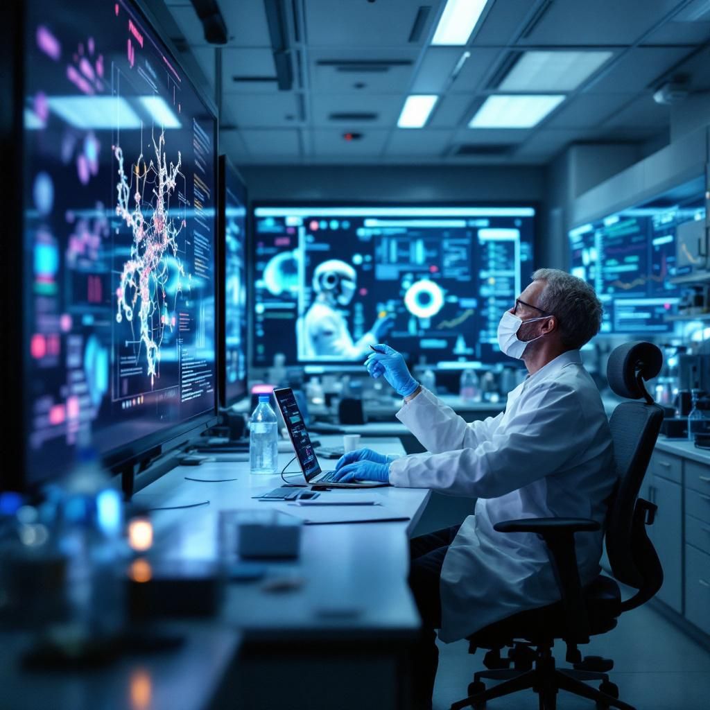 Billedet, der bedst illustrerer emnet om AI-agenter i biomedicinsk forskning, er et dokumentaristisk fotografi af en moderne forskningslaboratoriemiljø. Forestil dig en stor, steril lab med hybrid-arkitektur, hvor avanceret teknologi og data visualiseringer dominerer scenen. Foran en stor, interaktiv skærm projiceres komplekse data og genetiske modeller i høj opløsning, mens laboratorieudstyr og forskningsværktøjer er arrangeret omhyggeligt i baggrunden. En forsker, iklædt beskyttelsesdragt, vurderer resultater på skærmen, mens andre arbejder i baggrunden med robotic-udstyr, der symboliserer automatisering og dataintegration. Dette billede afspejler en ny æra, hvor avanceret AI automatiserer og avancerer biovidenskaben uden at fokusere på mennesker, men i stedet på data, teknologi og sikkerhed i et moderne miljø. Den kraftfulde symbolik ligger i den kontrast mellem den sterile, teknologiske struktur og den menneskelige aktivitet i baggrunden, hvilket illustrerer hvordan AI og data, næsten uden menneskelig in