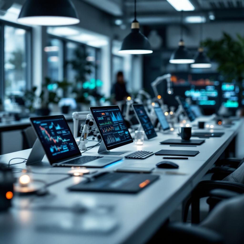 Forestil dig et dokumentaristisk billede af en moderne forskningslaboratoriefuld af aktivitet, hvor teknologien i daglig brug demonstreres uden for tidens sci-fi-fantasier. I forgrunden er et stilrent, minimalistisk bord med en række åbne notebooks, tablets og skærme, der viser komplekse datavisualiseringer og grafer, hvilket symboliserer datakaos og automatiseringens potentiale i biomedicinsk forskning. Rutevalget fremhæver intet mennesker, men essenser og objekter, hvilket understreger teknologiens rolle som en bagvedliggende, men uvurderlig kraft i hverdagen, hvor forskere navigerer i labben, ikke gennem mennesker, men gennem data og værktøjer. Naturalistiske lysforhold fra store vinduer modvirker den akademiske stivhed med en varm, arbejdsfællesskabs-agtig atmosfære, hvor mulighederne for innovation udfolder sig gennem den omgivende infrastruktur af digitalt udstyr. Bagved ses en stor, interaktiv skærm, der viser dynamiske diagrammer og databaser, illustrerende, hvordan AI-agenters automatiserede analyse