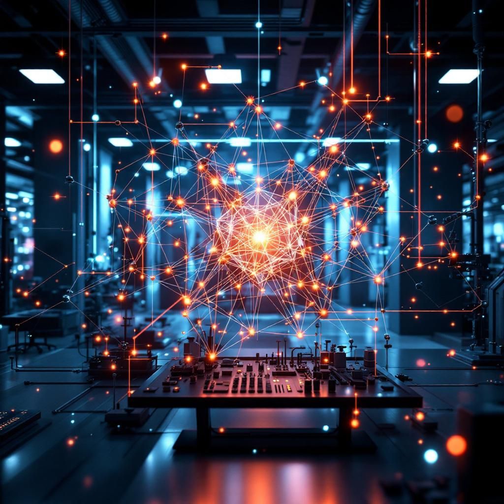 Forestil dig et dokumentaristisk foto, der fanger essensen af multi-agent AI-systemer i en moderne, upcoming arbejds- eller forskningsmijø. Billedet viser en abstrakt, men realistisk miljøscene: En stor, inspirerende kontor- eller laboratoriehal med fokus på en central, geometrisk, multifunktionel struktur, der symboliserer samarbejdet mellem flere autonome enheder. Strukturen består af flere små, interlinked komponenter med synlige ledninger, hængende kabler og dynamiske visuelle indikatorer som blinkende lys og laserstråler, der repræsenterer dataudveksling og samarbejde. Baggrunden er præget af åbne, industrielle omgivelser med moderne værktøj, infoskærme med flow-diagrammer og datavisualiseringer, der illustrerer aktivering, refleksion og koordination mellem de forskellige agent-komponenter. Bildet fremstår som en dokumentarisk visualisering af kompleksiteten og det samarbejdende netværk uden at visualisere personer direkte. Det formidler teknologien i en hverdagssituation gennem et realistisk og laborat