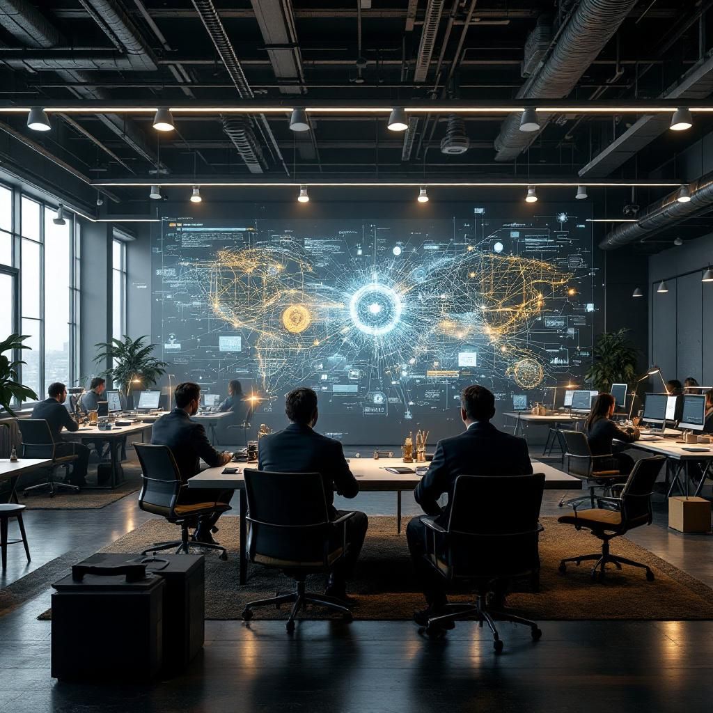 Forestil dig et dokumentaristisk, realistisk foto, hvor fokus er på en moderne industri- eller forskningsfacilitet, hvor komplekse, abstrakte datavisualiseringer flyder som dynamiske energistrømme gennem rummet. Disse visualizationer repræsenterer samarbejdet, læringen og refleksionen af multi-agent AI-systemer i praksis, som farverige, organiserede lager- eller netværksgrafikker, der kredser om centrale datamodeller og relationer. I midten er der en stor digital skærm eller projektor, der viser en levende, grafisk fremstilling af et velfungerende, distribueret AI-system, hvor forskellige komponenter kommunikerer og koordinerer gennem strømmende linjer og datafelter, uden mennesker til stede, kun symboler og visuelle dataflows—en beskrivelse af den usynlige, men vitale AI-arkitektur i arbejde, illustrerende hvordan kompleksiteten struktureres og samarbejdes i nutidens automatisering. Billedet skal fremstå som en ægte dokumentar, fremhæve den teknologiske kraft, uden at overdrive eller blive for futuristisk. 