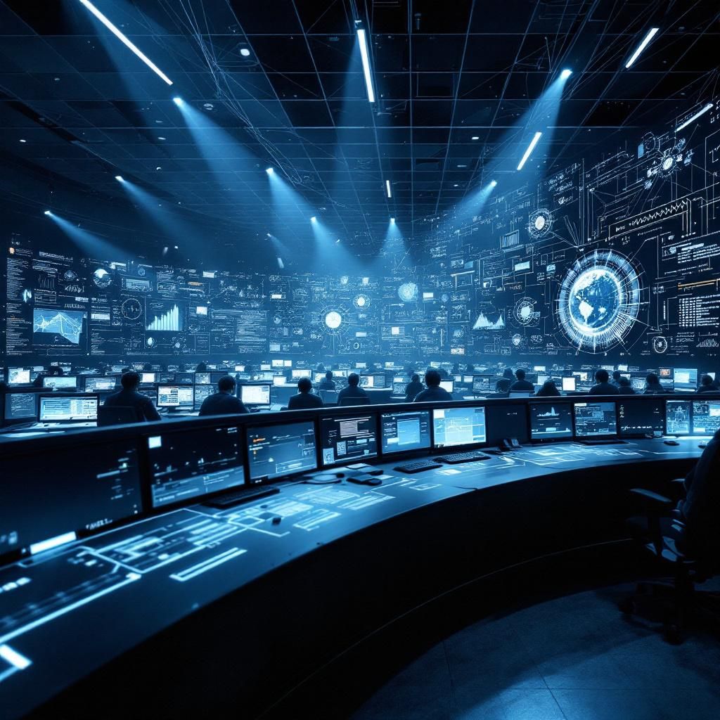 Forestil dig et realistisk, dokumentarisk billede, der abstraherer et moderne kontrolrum i en institution, hvor flere forskellige datastreams, visualiseringer og koordinerede arbejdsgange er i fokus – uden at vise mennesker direkte. Billedet viser et stort, åbent rum med flere skærme, der projicerer komplekse netværk af relationer, dataflow og samarbejdende enheder, struktureret som viden-grafer og kaotiske, men organiserede kommunikationslinjer. Farvekombinationerne er dæmpede med bleg blå, grå og grøn nuancer, der kombineres med subtile lysrefleksioner fra skærmenes digitale information, hvilket skaber en følelse af avanceret, men kontrolleret intelligens. Rummet er fyldt med labelløse hardware-komponenter, kabler og lydløse indgange til forskellige netværksarkitekturer, hvilket illustrerer kompleksiteten og fleksibiliteten i multi-agent systemer uden at fokusere på mennesker. Dette billede afspejler den evne, systemerne har til at dele arbejde, reagere på data og lære – en visuel metafor for den moderne au