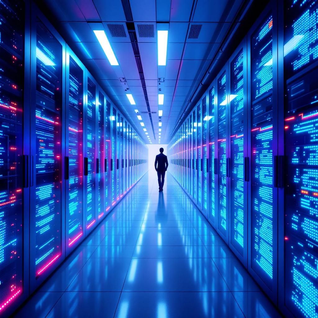 Det mest fængende og realistiske billede, der illustrerer artikelens emne om AI-infrastruktur og gældsbølge, er en dokumentaristisk scene i en moderne, højteknologisk datacenterhvælving. Forestil dig et bredt, stjerneskinnende miljø med tunge, lysskygelige rækker af massive datacentre, hvor glødende LED-lys i varme farver fremhæver de enorme strømforsyninger og servere, der står som symboler på den enorme kapacitet, der skal til for at drive AI-udbygningen. Hvert apparat er præcist og funktionelt, uden menneskelige skikkelser, som understreger det enorme, infrastrukturelle aspekt uden at virke hyllet i futuristisk sci-fi. Atmosfæren er præget af den bløde, konstante glød fra lysende kabler og cooling-systemer, der samtidig fremhæver energikravene og kompleksiteten. Billedet illustrerer den sublime balance mellem de teknologiske fremskridt og de finansielle og miljømæssige udfordringer, der følger med. Det realistiske, dokumentaristiske præg understreger, hvordan omfattende infrastrukturområder, som bruges ti