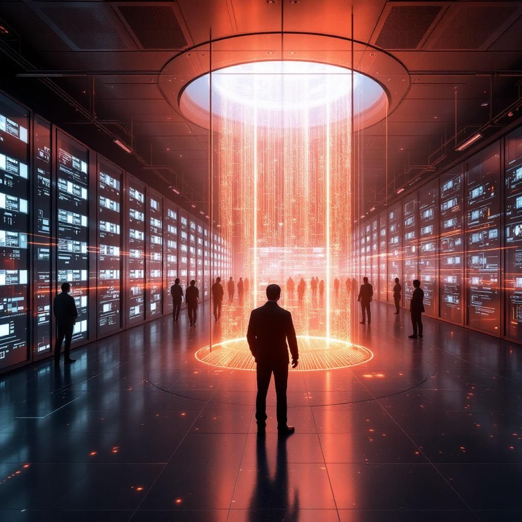 Mit udgangspunkt i det komplekse emne om AI-drevet betalingsinfrastruktur visualiserer jeg et realistisk, dokumentaristisk billede, der afbilder en autentisk situation i et moderne datacenter eller kontrolrum. Det viser en stor, åben storskærm, der projicerer abstrakte dataflows og netværksstrømme, symboliserer AI-agenternes autentificering og dataintegration gennem kryptografiske signaturer. Omkring skærmen sørger teknisk personale eller dataanalytikere for at overvåge systemet, uden at menneskene dominerer billedet, hvilket understreger teknologiens autonome funktioner. Panoramatisk set fremstår miljøet med luftkonditionerede r##rum, lysdæmpning og diskrete kabler – alt holder fokus på datastreams, kryptering og informationsstrøm, hvilket illustrerer sikkerheden og kompleksiteten i AI-betalingssystemer i nutiden. Dette billede afspejler detaljerne i den nye AI-betalingsinfrastruktur, hvor abstrakte dataflow visualiserer de avancerede, sikre transaktioner og algoritmiske identificeringer. Det er