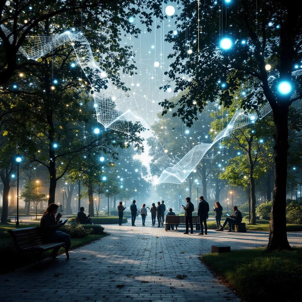 Forestil dig et realistisk og dokumentaristisk billede af en moderne offentligt miljø, der symboliserer den omvæltende effekt af agentiske AI-browsere i 2025. Billedet viser en travl bypark eller offentligt område, hvor en gruppe forskellige personer – forskere, erhvervsfolk, NGO-medarbejdere – står spredt i små grupper, alle med deres smartphones eller tablets. Over dem suser digitale informationsstrømme i gennem luften, visualiseret gennem subtile, abstrakte LED-lysbølger og datagenererede grafer, der bevæger sig mellem mennesker og medieenheder, hvilket symboliserer den automatiserede datahåndtering i realtid. Luftbiler eller digitale skyer flyder i baggrunden, der antyder en avanceret, men farbar infrastruktur, uden at overdrive til sci-fi. Dette billede formidler en hverdagssituations realisme, hvor teknologi er en integreret del af samfundets centrale funktioner, med fokus på data- og sikkerhedsdynamikker uden palco eller science fiction-elementer. Det illustrerer den uophøjelige påvirkning af agentisk