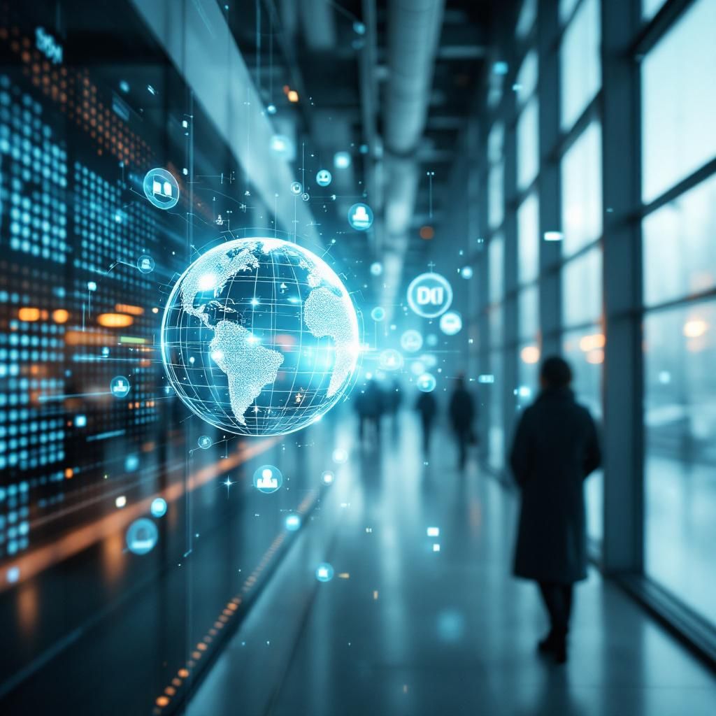 Mit fokus på en dokumentaristisk og realistisk stil uden klichéer skaber jeg et billede, som visualiserer den abstrakte, men alligevel hverdagsnære virkelighed, hvor AI og data strømmer gennem offentlige og private organisationer. Forestil dig et dynamisk, næsten kunstnerisk billede af en messe- eller kontorindretning, hvor store, transparente dataskærme og digitale grænseflader flyder over i en abstrakt, men genkendelig scene af forsamlingslignende data- og informationsstrømme, der snor sig gennem et miljø med moderne arkitektur, bløde glasoverflader og naturligt lys, der symboliserer den uendelige process af digitalisering og automation på tværs af sektorer. Denne samling af data og digital aktivitet strækker sig ud over billeder af mennesker, og fokuserer i stedet på det materielle miljø og de visuelle elementer, der fremhæver, hvordan teknologi effektivt integreres i det moderne samfund uden fokusering på enkeltpersoner.