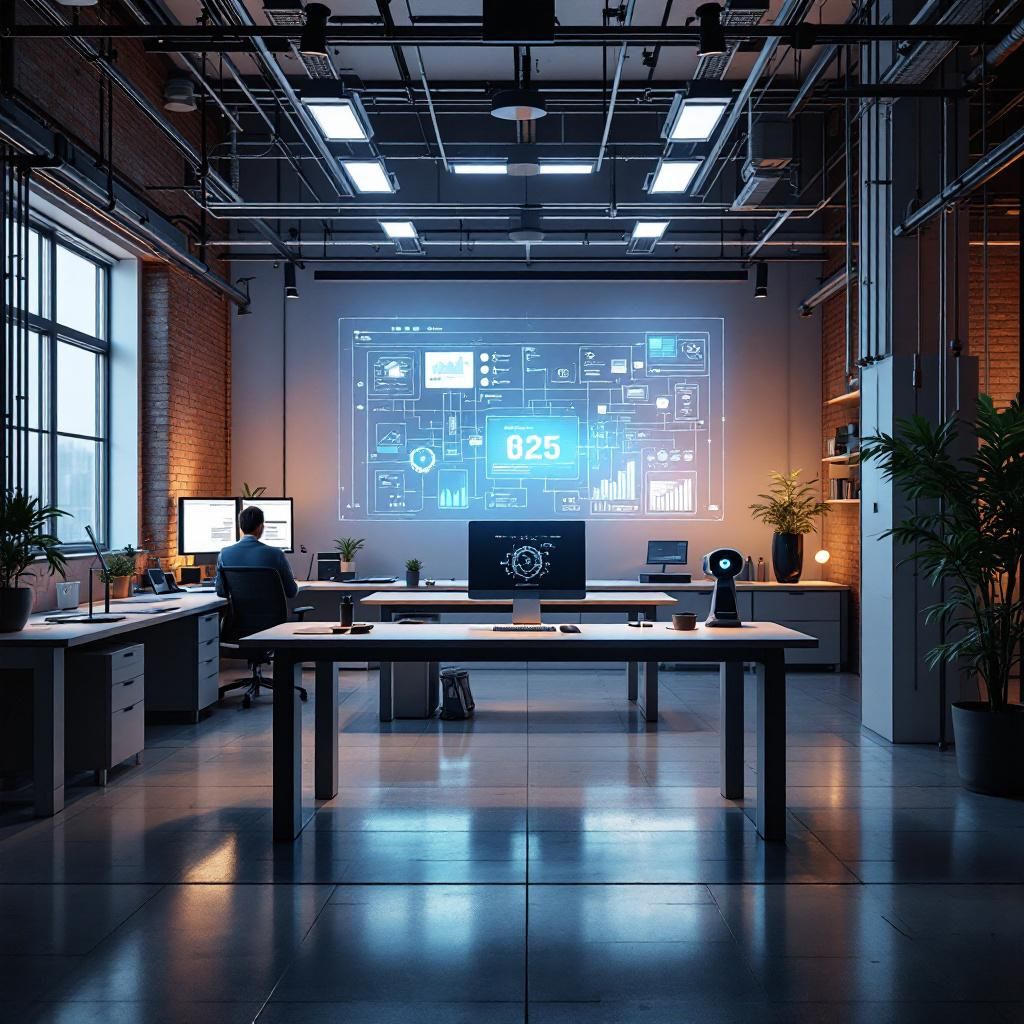 Forestil dig et realistisk, dokumentarisk billede taget i et moderne, indendørs teknologilaboratorium, hvor fokus er på en elegant, minimalistisk AI-enhed, der står på et solidt arbejdsbord. En infrastruktur af kabler og LED-lys understreger en strøm af data, mens et stort, digitalt diagram projiceres på en væg og illustrerer dataflydende direkte mellem servere, edge-enheder og lokale lagringsfaciliteter. Atmosfæren er præcis, kontrolleret og teknisk intens, uden mennesker i fokus, men med subtile hints gennem refleksioner i overflader og blød byskymning gennem vinduerne bagved, hvilket viser, at denne teknologi arbejder i baggrunden for at sikre datasuverænitet og real-time optimering. Billedet afspejler den komplekse og vigtige virkelighed for lokale AI-modellers funktion i nutidens programmatic miljøer, med en ægte følelse af kontrol, sikkerhed og avanceret teknologi.