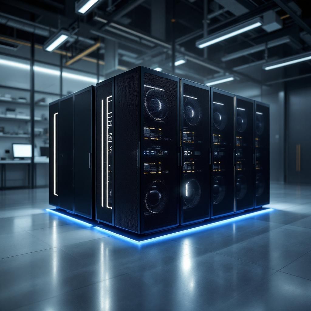 Det mest fængende og intense fotografi for artiklen om Google Gemini 3 kunne være et dokumentaristisk optagelse af en avanceret forskningslab- eller simuleringsmiljø, hvor en stor, moderne supercomputer dominerer billedet. Supercomputeren er en minimalistisk, sort, slank enhed med subtile LED-linjer, der skifter farve og signalerer kraftfuld, intelligent drift. Rummet er præget af en rolig, men energisk atmosfære, hvor bløde lysrefleksioner fra skærme og LED-lys skaber en dyb kontrast til maskinens teknologiske præcision og betydning. Omgivelserne består af tavler med tekniske diagrammer, indlevende visualiseringer af AIs evner og abstrakte dataflows, der symboliserer maskinernes evne til at tænke abstrakt, forstå og løse komplekse opgaver. I billedets dybde kan man skimte reflektionen af de surrealistiske data- og grafvisualiseringer i det matte, glatte overflade, hvilket illustrerer det næsten kvantespring, Gemini 3 repræsenterer inden for AI. Atmosfæren antyder en kombination af avanceret menneskelig inn