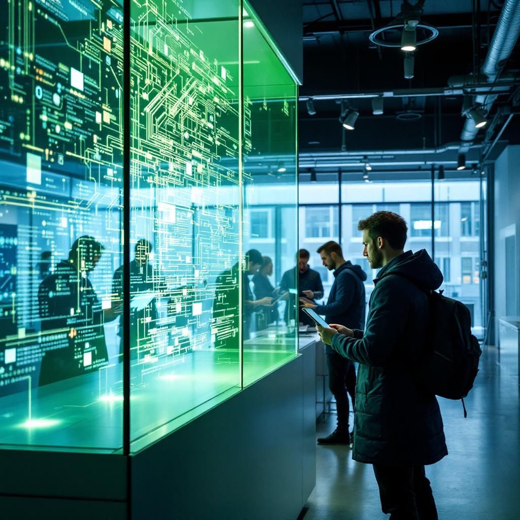 Forestil dig et dokumentarisk foto taget i et moderne, nybygget forskningslaboratorium, hvor den teknologiske innovation er tydeligt til stede. I fokuspunkterne står en stor, gennemsigtig glasboks, der indeholder en næsten abstrakt visualisering af en kompleks AI-model – LED-lys tænder og slukker i mønstre, der symboliserer dataflow og abstrakt reasoning, uden at vise personer direkte. Rummet er badet i blåt og grønt lys, der fremhæver den high-tech atmosfære, mens hold af forskere og ingeniører i baggrunden arbejder koncentreret med tablets og avancerede instrumenter, men uden at fokusere på individuelle ansigter. Dette billede visualiserer både AIs indre liv og dens praktiske anvendelse i et avanceret, nutidigt miljø, hvor teknologi er integreret i det daglige liv og arbejde uden forudindtagede menneskelige former.
