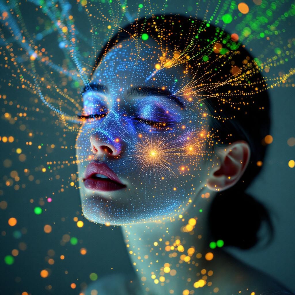 På billedet er en abstrakt, dokumentaristisk repræsentation af den digitale situation, hvor AIs indflydelse på sociale medier er tydeliggjort gennem visuelle metaforer. Forestil dig et nærbillede af en stor, semi-transparent skærm- eller spejloverflade, hvor millioner af små, sammenflettede lysende punkter danser og pulserer i forskellige nuancer – blå, grøn, lilla – som symboliserer dataflowet og brugerens kontrol over AI-indholdet. Overfladen er udsmykket med subtile linjer og kurver, der repræsenterer signaler og algoritmer, der flyder gennem det digitale landskab, hvilket fremhæver den komplekse, men alligevel organiserede struktur bag brugerens kontrol og mangfoldigheden af digitalt indhold. Dette billede understreger, hvordan individets præferencer og teknologien konvergerer i et moderne, civilt miljø, hvor kontrol over data og indhold er en aktuel realitet. Det kan visualiseres uden mennesker direkte, men i stedet med fokus på refleksioner, lys og bevægelse i en teknologisk, men samtidigt hverdagsnær