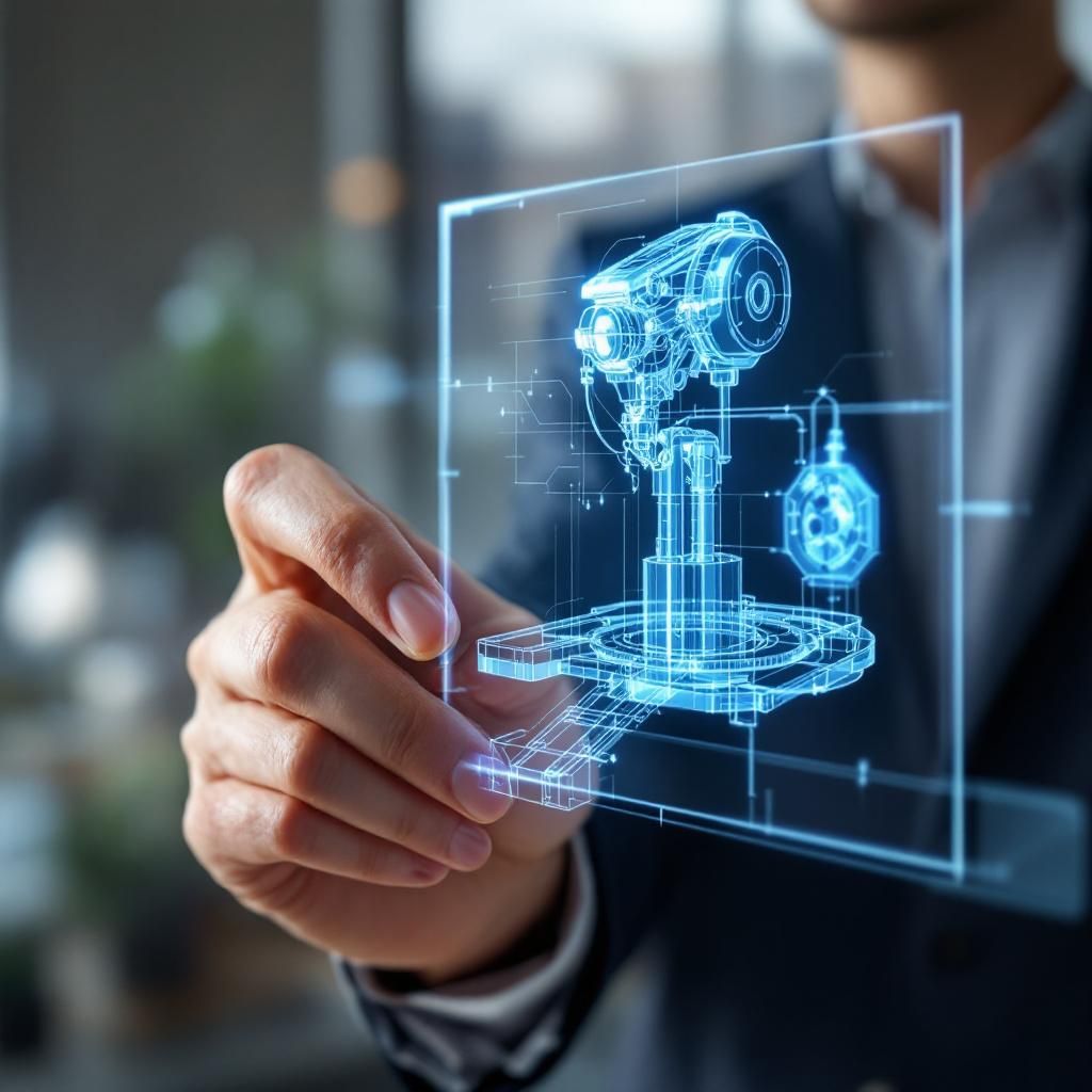 Mit mest fængende og realistiske billede til artiklen om AIs rolle i CAD-forbedringer kunne være et nærbillede af en hånd, der bruger en stylus til at interagere med en transparent, digital 3D-model projiceret over et kontorbord eller arbejdsbord. Modellen visualiserer komplekse geometriske former og strukturer, der repræsenterer en CAD-robot eller en mekanisk del i detaljeret, men realistisk stil, uden overdrivelse. Billedet fanger en hverdagssituation i et højteknologisk miljø, hvor menneskelig fingerkontakt og AI-teknologi samarbejder for at simplificere komplekst design – et dokumentaristisk blik på den daglige anvendelse af AI i industrielt design og produktudvikling. Baggrunden kan inkludere subtile elementer som en computerskærm med visning af CAD-Software, og måske små, intelligente robotarmere eller digitale display-visualiseringer, der signalerer AI’s praktiske indflydelse på designprocessen. Lyset er blødt og naturligt, hvilket understreger realistisk hverdagsscene i et innovativt vær