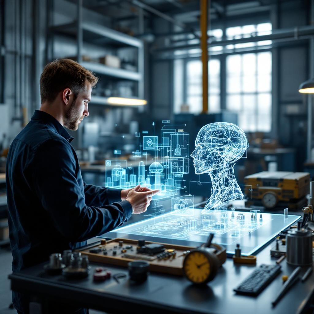 Forestil dig et nærbillede af en industrielt inspireret arbejdsstation i et moderne produktionsmiljø. I fokus er en minimalistisk, transparent CAD-tablet, der viser komplekse 3D-geo­metrier i overlapende lag, mens en håndbevægelse fra en ingeniør, uden at være synlig, manipulerer modellen via luftgestik. Baggrunden er præget af en industriel værkstedsatmosfære med præcisionsværktøj, holdere med metalkomponenter og subtile motivblændinger, der antyder en avanceret integration af menneskelig intuition og digital teknologi. Denne scene visualiserer den nye æra, hvor AI understøttet CAD-arbejde forenkler processer, uden at mennesket behøver at interagere direkte med komplekse brugerflader. Lysets spil dominerer billedet, hvor bløde, varme LED-toner kontrasterer med de kolde, blå nuancer fra det interaktive skærmbillede, der reflekterer en ultramoderne produktionslinje. Fokus er på en abstrakt kommunikation mellem teknologi og menneske, hvor de flydende, organiserede former i 3D-visualiseringen symboliserer AI’s 