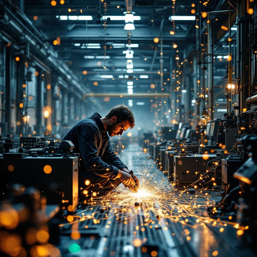 Forestil dig et dokumentaristisk billede af en moderne produktions- eller ingeniørvirkelighed, hvor den dominerende scene er en stor, åben værksteds- eller fabriksplads. Her er fokus brudt ned i et netværk af visible, abstrakte datalinjer, der flyder gennem rummet som et tætpakket netværk af energistrømme, symboliserende AI’s og automatiseringens indflydelse på produktdesign og produktion. Omgivet af robuste maskiner og store, minimalistiske arbejdsstationer står ingeniører og teknikere, men de er fotograferet i aktion – som bløde skygger, der arbejder uden direkte menneskelig fokus, hvilket understreger teknologiens og maskinernes centrale rolle i denne moderne fabrik. Varmen og industriens atmosfære fremhæves gennem den diffuse belysning, der reflekterer fra metal og plast, hvor små blinkende LED-lys trækker opmærksomheden til datanetværkene. Billedet illustrerer, hvordan digital transformation og AI indtager fysisk rum uden at fokusere på personer, men snarere på de komplekse, rigelige dataflydeformede mø