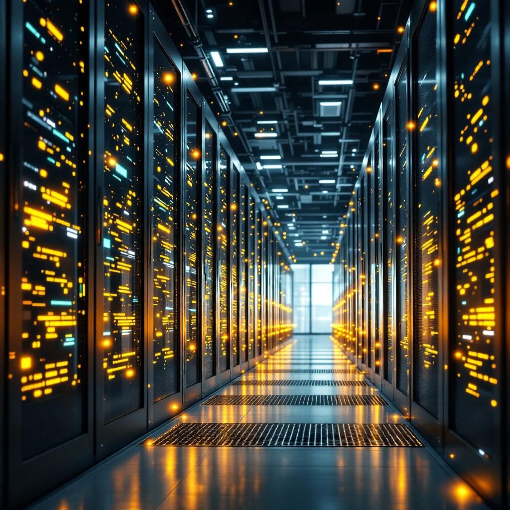 Forestil dig et realistisk, dokumentaristisk foto taget i et moderne, teknologisk miljø, der symboliserer kraften og præcisionen i avanceret AI-drevet compliance. Billedet viser en stor, industriel data- og serverrække i en ren, velbelyst datacenter-lignende setting, hvor strømmen af data visualiseres som klare, flydende lysstrømme, der bevæger sig gennem rør eller kabler i en symmetrisk og geometrisk præcis arkitektur. Disse lysstrømme symboliserer den kontinuerlige screening og analyse af milliardtransaktioner, der foregår i realtid uden menneskelig tilsyn, men præcist og pålideligt. Omkring rækkerne står små, grønne indikatorlamper, der markerer systemets høje effektivitet og status, mens komplekse diagrammer og digitale hologrammer projiceres i luften via avanceret lysprojektion for at visualisere AI-agentes samarbejde og beslutningsprocesser. Dette fotolignende scene fokuserer på at visualisere den abstrakte kraft og kompleksitet bag AI’s compliance-systemer, uden direkte personlige indslag, men med en 