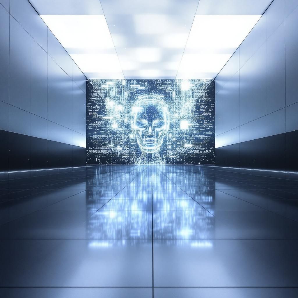 Forestil dig et dramatisk, dokumentaristisk billede, hvor en enorm, fritstående dataskærm spænder over en mørk, minimalistisk fabrikshal, der symboliserer et globalt center for AI-overvågning. Skærmen viser abstrakte, flydende mønstre af kode og digitale netværk, der glider ind og ud af fokus, som om de er levende elementer i et digitalt økosystem. Gennem en sløret, men tydelig refleksion på en glat, metallisk overflade i forgrunden ses silhuetter af maskiner og sensoriske enheder, der arbejder uafbrudt. Lyset er dæmpet, men generatorer med blålige og grønne toner pulsere rytmisk, hvilket giver billedet en følelse af høj teknologi og konstant aktivitet. Dette scene fanger essensen af automatiserings- og AI-systemernes uendelige strøm af data, der støtter global compliance uden menneskelige hænder, i en hverdag, hvor teknologi er usynlig, men fundamental for at opretholde orden i en kompleks verden.