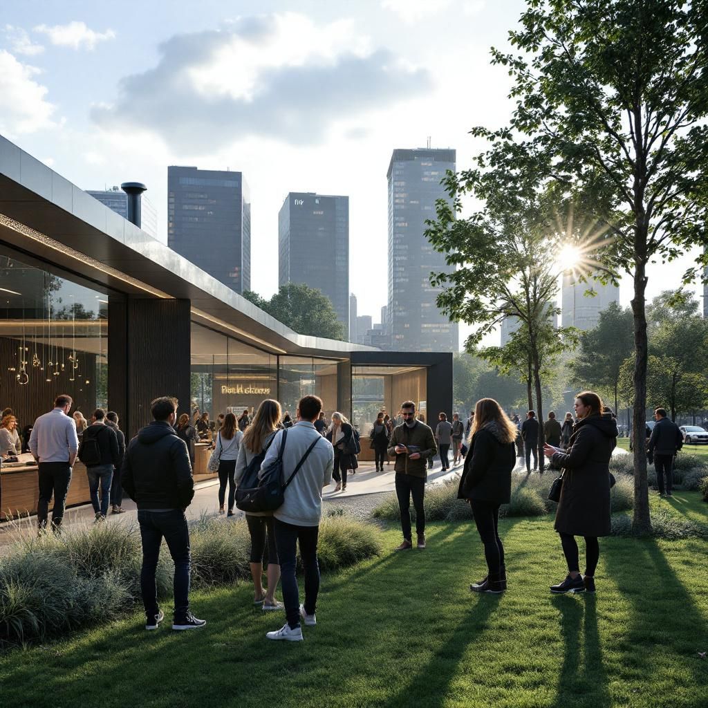 Forestil dig et foto taget i en travl, nyhedsrig offentlig park, hvor den moderne byscape er domineret af subtile, digitale elementer integreret i de daglige omgivelser. Midt i billedet er en gruppe borgere, der aktivt interagerer med en gruppeløsning—en interaktiv kioskløsning eller en åben, digital informationsstand—hvor små, diskrete LED-lys sender livlige signaler til de besøgende. Disse visuelle LED-elementer fungerer som abstrakte repræsentationer af dataflow og brugerinteraktioner, der symboliserer den digitale transformation, der foregår i offentligheden. Rygter af data og informationer, visualiseret som svagt blinkende lys, flyder let over scenen, hvilket skaber en dynamisk men realistisk illustration af, hvordan AI-assistenter som Rufus kan integreres i hverdagsmiljøet for at forbedre borgernes oplevelse. Bagved ses en lydhør, arkitektonisk skelsættende bygning med store, flade facader, hvor indirekte, bløde lysstrømme antyder en intelligent, koblet infrastruktur. Det er et dokumentaristisk billede
