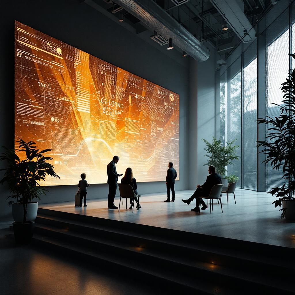 Forestil dig en dokumentarisk fotooptagelse, der visualiserer den transformative effekt af avanceret AI-teknologi i et nytidssamfunds offentlige sektor. Billedet viser en fleksibel, moderne borgerservicecenter, hvor en stor digital skærm dominerer rummet – denne skærm viser en abstrakt, dynamisk visualisering af datastrømme, der symboliserer skalérbarheden og realtidsinformation, uden direkte at vise personer. Rummet er indrettet minimalistisk med naturligt lys, store vinduer og organiske former, der antyder en harmonisk integration mellem teknologi og mennesker. I stedet for personer er det fokus på den tekniske infrastruktur, der formidler data- og kommunikationstrømme, visualiseret gennem elegante, flydende linjer og pulserende lysskift, der repræsenterer beslutningsdata og informationsflow. Det abstrakte billede med glidende, farverige linjer, der flyder mellem datakilder, som symboliserer integrationen af AI i den offentlige sektor, understreger den trådløse, tillidsfulde forbindelse mellem systemer og 