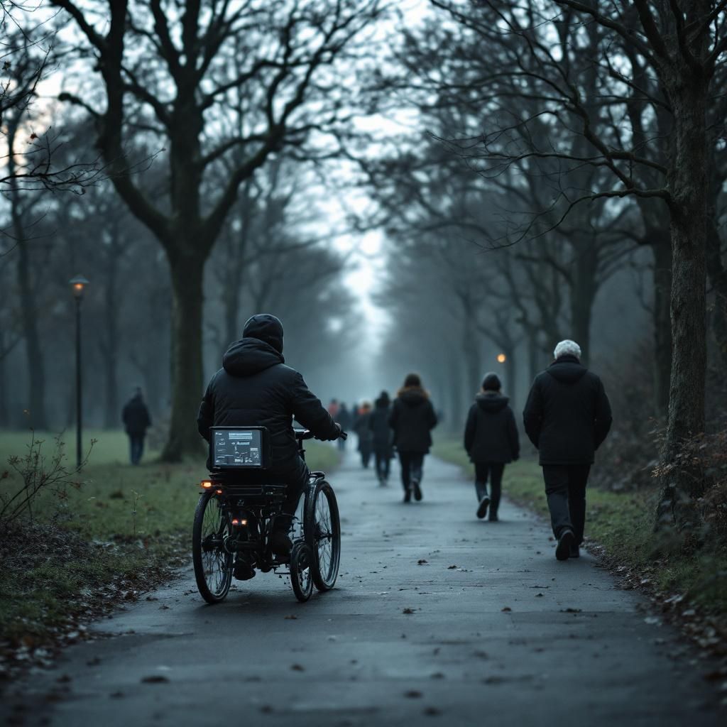 Forestil dig et realistisk, dokumentaristisk fotografi af en moderne bypark, hvor en gruppe mennesker er i gang med daglige aktiviteter, men med en subtil, abstrakt teknologi-element indføjet. Billedet viser en folkefest af borgerlige aktiviteter: børn leger, ældre slapper af på bænkene, og forældre går tur med deres hunde. I baggrunden er der diskrete indbyggede elementer: smarte interaktive informationsskærme, som er integreret i miljøet uden at dominere scenen, og nogle af disse skærme viser komplekse, stregede, abstrakte grafikdiagrammer, der symboliserer datadrevne og AI-støttede offentlige løsninger. Lyset er blødt, og det naturlige miljø er integreret med diskrete, æstetiske teknologiske indretninger for at understrege, hvordan moderne infrastruktur støtter borgernes liv uden at tage fokus væk fra den almindelige hverdag. Det er et indsigtsfuldt billede, der formidler, hvordan AI og digitalisering bliver en naturlig del af det offentlige rum. Dette billede reflekterer den subtile integration af avance