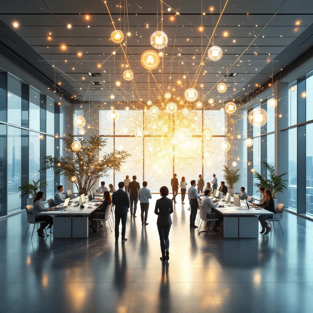 Forestil dig et realistisk, dokumentaristisk billede, der visualiserer den abstrakte effekt af AI-arbejdsprocesser i en tidsaktiv, moderne offentlig administrationsbygning. Billedet viser en stor, minimalistisk kontorlokal, hvor der er bygget en gennemgående symfoni af dataflows symboliseret ved flydende, innovativt designede energistrømme i form af transparente, lysende bølger, der cirkulerer i luften. Disse bølger repræsenterer AIs intelligente processer, der filtrerer og organiserer information i realtid, mens administratorer og rekrutteringsmedarbejdere er synligt engageret i interaktionen uden direkte at blive vist; deres tilstedeværelse manifesteres gennem subtile, kraftfulde elementer som skærme, der viser visuelle datavigne. I midten af billedet er en elegant, futuristisk skulptur, der visuelt symboliserer integrationen af teknologi og menneskelig indsats — eksempelvis en abstraheret globe eller et kompliceret netværksdiagram, der tydeligt antyder en enkelt, forbundet helhed. Den varme, neutrale bel